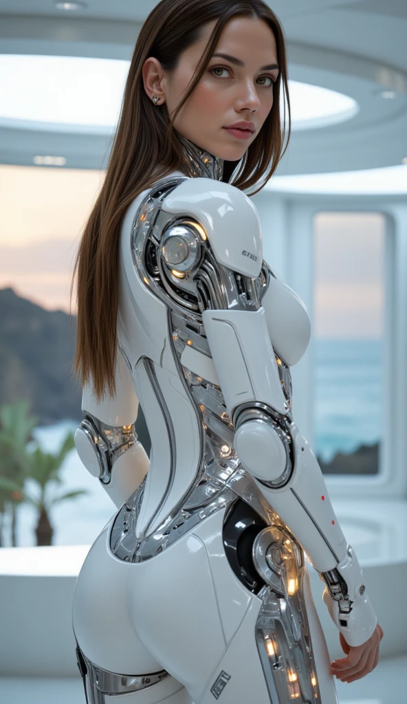 sexy female, oversized boobs, big thighs, hair straight brown, robot arms ,latex maid, cleaning window