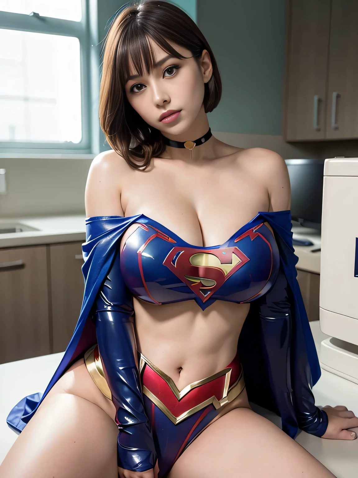 Masterpiece、Enamel Supergirl Costume、Short Hair、Hospital operating table、Crisis situation、Big and ample breasts、looking at the camera、Shiny、Off the shoulder、choker、Long sleeve、Red exy poses to seduce、Sweaty、Model Body Type、Alluring、charm、Enchanting、Abused、test subject、victim、Wild、Photorealistic、latex、