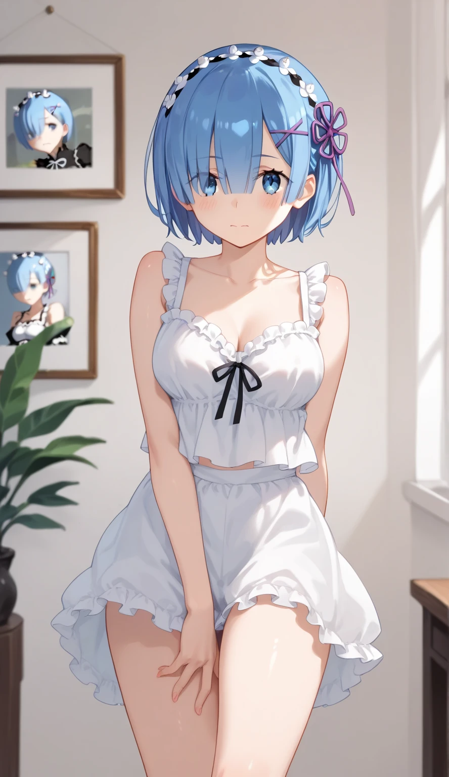 masterpiece, best quality, 1 girl, detailed beautiful face, ((holding panties)), (pantie ayatori), (bottomless), ((pussy)), embarrassed, blush, sweat, short hair, blue hair, headband, maid costume,