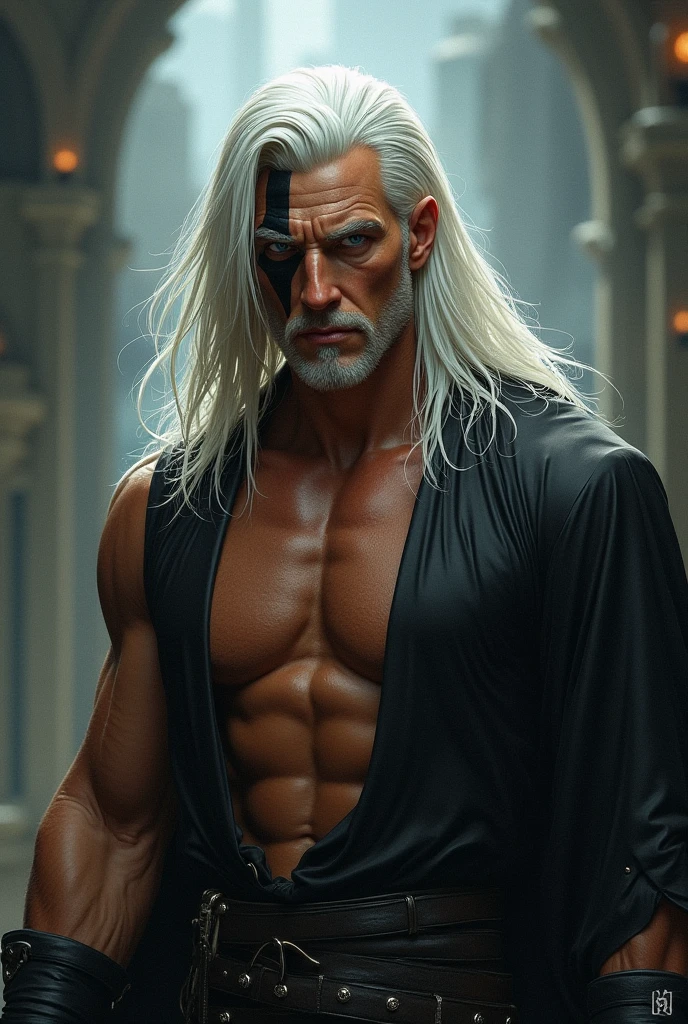 Volumetric cinematic lighting (highly detailed: 1.4), digital rendering, sharp soft focus, 8k full body rendering, action shot, realistic reflections, cinematic compositing, dante, naked body, close-up, upper body, sexy pose , portrait, helmet removed, old man, long hair, white hair, detailed face, naked, beefy body, hard abdomen, sexy, nsfw, hot light skin