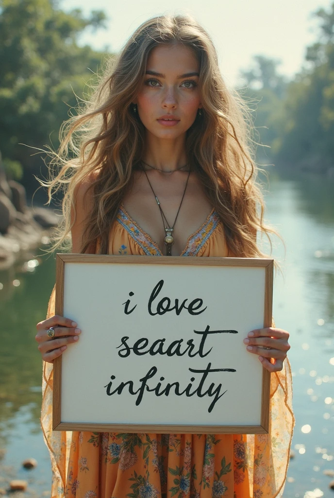 Beautiful girl with wavy long hair, bohemian dress, holding a white board with text "I Love Seaart Infinity" and showing it to the viewer