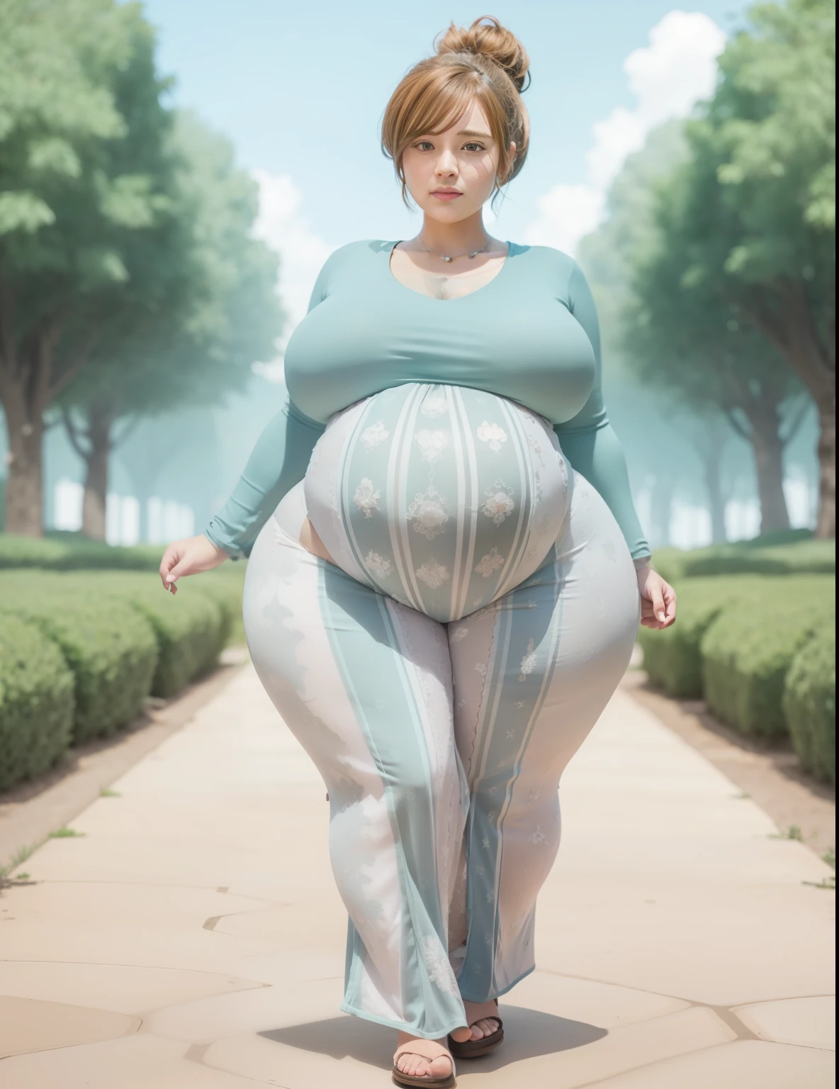 pregnant woman, plump body, very big breasts:1.5, (masterpiece:1.4), (highest quality), (become familiar with), (8k), (1 girl, alone, landscape), (sidewalk), clara kent, superhero, body suit, platinum blonde, short hair, red cloak, blue eyes, wide hips, bending, Bright blue costume. plump body, very big breasts:1.5, pregnant woman,
