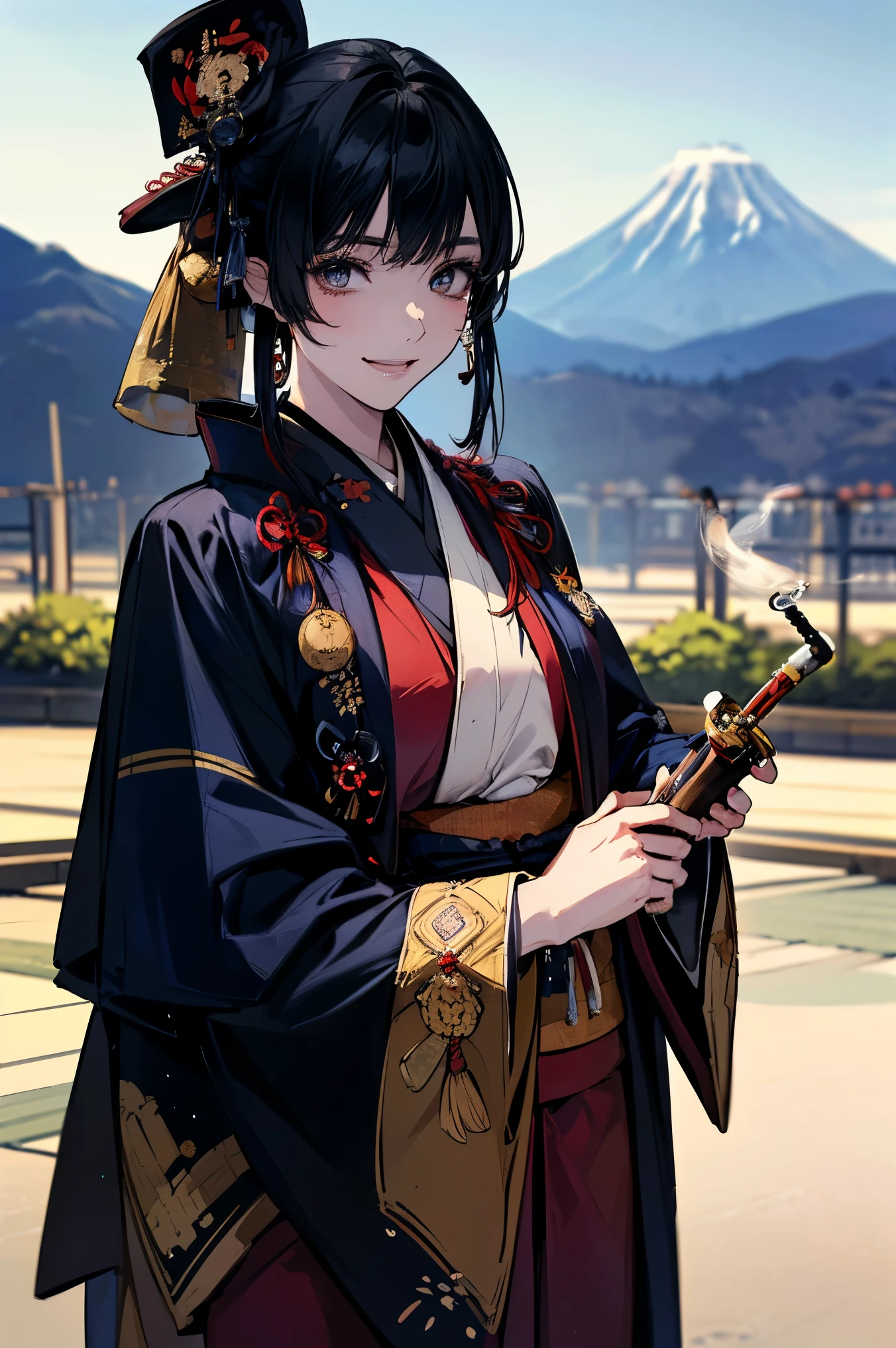 (masterpiece:1.5),beautiful hair,Beautiful Eyes,beautiful lips,Beautiful slender body,(Konno Anna:1.2),(Riho Yoshioka:1.1),(Narrow your eyes and smile:1.3),(Mountains in the background:1.4),bust illustration from the front ,((((An Extraordinary Beauty:1.7)))),(((( kimono,military jacket,Taisho Romance,tobacco pipe:1.5)))),((19-year-old single woman holding a fish in her hand:1.1)),(anatomically correct hand depicted accurately:1.1)black hair,long lashes,Three-dimensional, jewel-like eyes,Very delicate and beautiful CG,2. 5D illustration, anatomically accurate body, (Extremely precise illustrations:1.1),(Outdoors:1.4), (wallpaper:1.4),8k