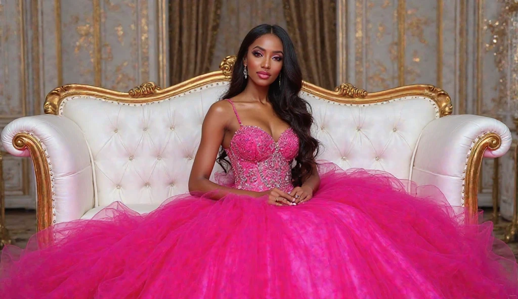 Uma mulher bonita de 21 anos, com cabelos longos e loiros, olhos azuis e pele clara, veste um vestido rosa pink de gala em uma festa luxuosa em Nova York. She is surrounded by an elegant and sophisticated atmosphere, with opulent decor and well-dressed guests, refletindo o glamour da cidade.