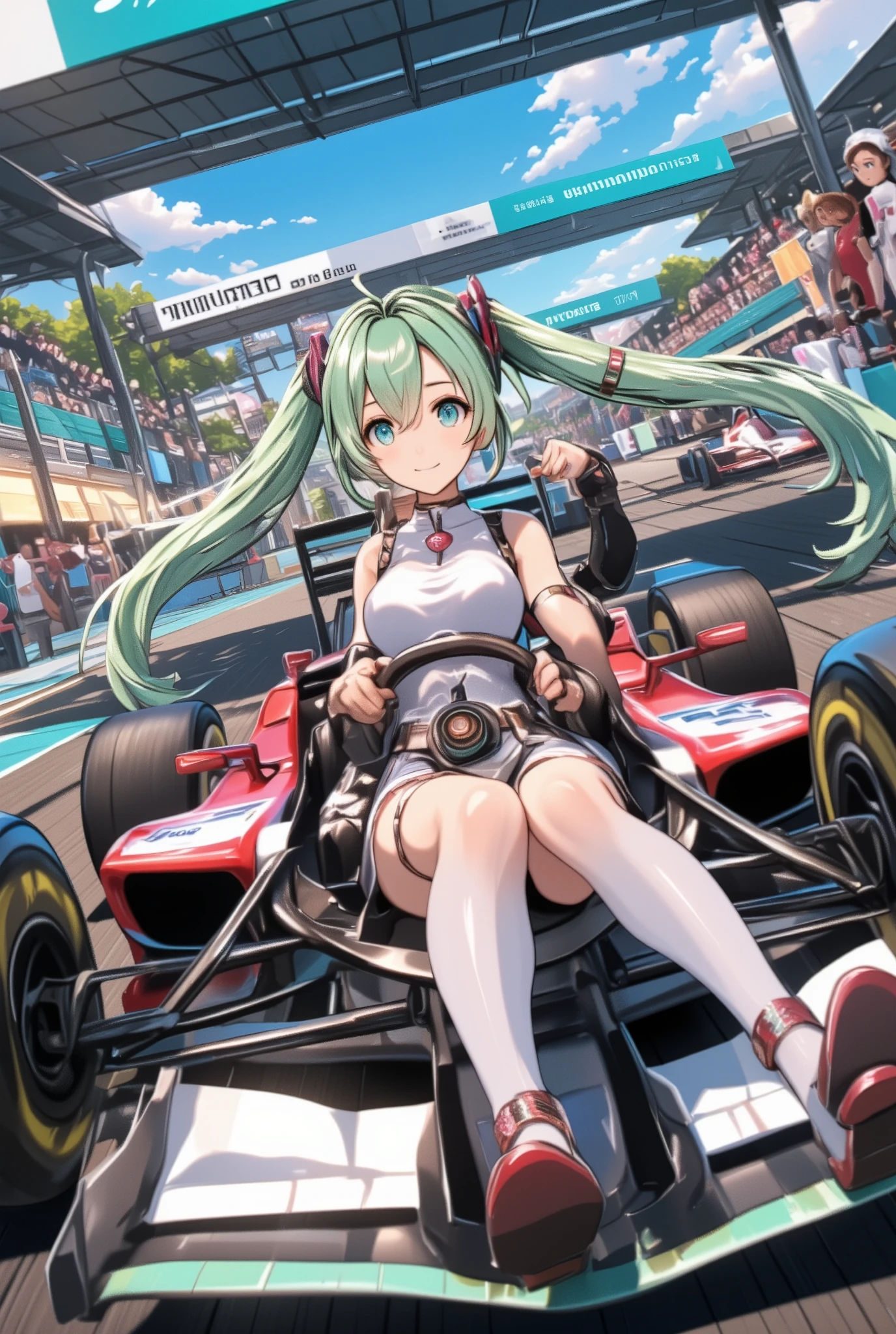 ( masterpiece、 Best Quality、 Best Quality、Official Art、  beautiful and beautiful  :1.2)、(one girl:1.3)  ,、light green twin tails, beautiful breasts,Girl driving a formula 1 machine、F1 Race  、F1 Circuit、(perfect anatomy) , ((32K)) , ((Best Quality)) ,((masterpiece)), ((超high resolution)) , ((high resolution)) , ((超high resolution)) , ((highly detailed CG)) , ((Unity 8K Wallpaper)) , ((illustrations)) , (((anime style))) , (((ANIME COLORING BOOK))) ,(( very detailed background )),