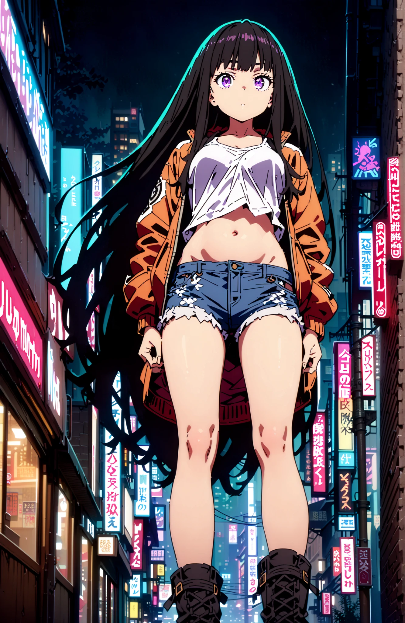 Takiuchikami, check it out, solo,long hair, bungs, black hair with a young pattern, purple eyes,Medium breast,close your mouth,riders jacket jacket,tank top for feet,Underboob,belly button stick,denim micro shorts,Bare legs,boots,I have my hands in my jacket pockets,Nōn,night,standing,angles from below,full bodyがillustrationsに入るように,break outdoors,City,
break looking at viewer,full body,
break (masterpiece:1.2), Best Quality, high resolution, Unity 8k 壁紙, (illustrations:0.8), (beautiful detailed eyes:1.6), very detailed face, so that it fits into the illustration, Extremely Detailed CG, (perfect hand, perfect anatomy),