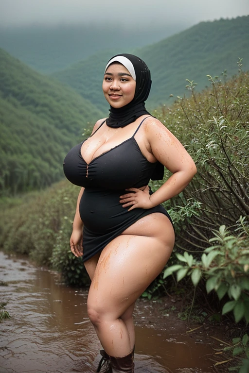 Hijab, 63-year-old mother, very skinny body, big breasts playing in very deep flood water,fluorescent lace, The is standing, chubby, (Squatting).