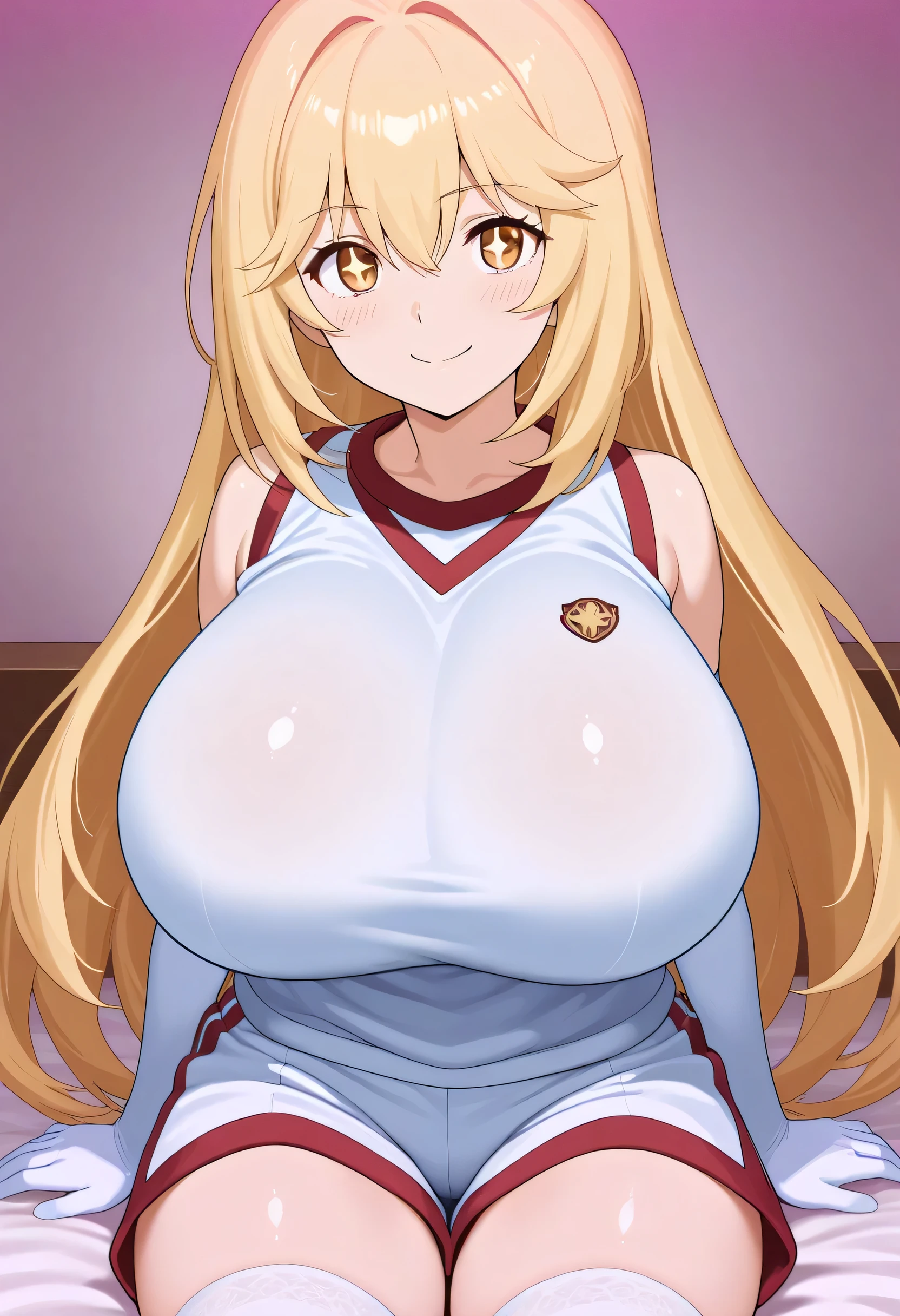 1girl, solo, looking at_in_viewer, white_gloves, elbow_gloves, white_thigh high socks, Gym_uniform, white_shirt, smile, +_+, popup, too big chewy , hyper breasts, sleeveless_shirt, brown with swe_eye, Gym_shirt, very_length_hair, closed _mouth, Naked_shoulder, Gym_shorts, white_shorts, hair_between_eye, bedroom at night, sitting, Shine_eye, Young face, anime style