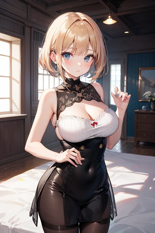 (masterpiece, best quality:1.2),illustration,8k,hd,1girl,solo,1girl,hat,gloves,beret,bike shorts,blonde hair,cross,purple eyes,medium breasts,white gloves,short hair,bow,hair bow,bare shoulders,detached sleeves,iron cross,earrings,bangs,jewelry, large breasts, huge breasts, giant breasts, evil grin, smug, smirk, panties