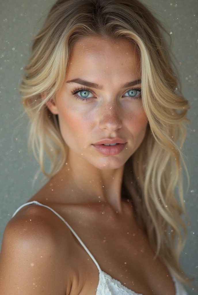 Make me a very pretty girl, blue-eyed blonde taking a shower with a very pretty wedding ring on her finger with a seductive look.