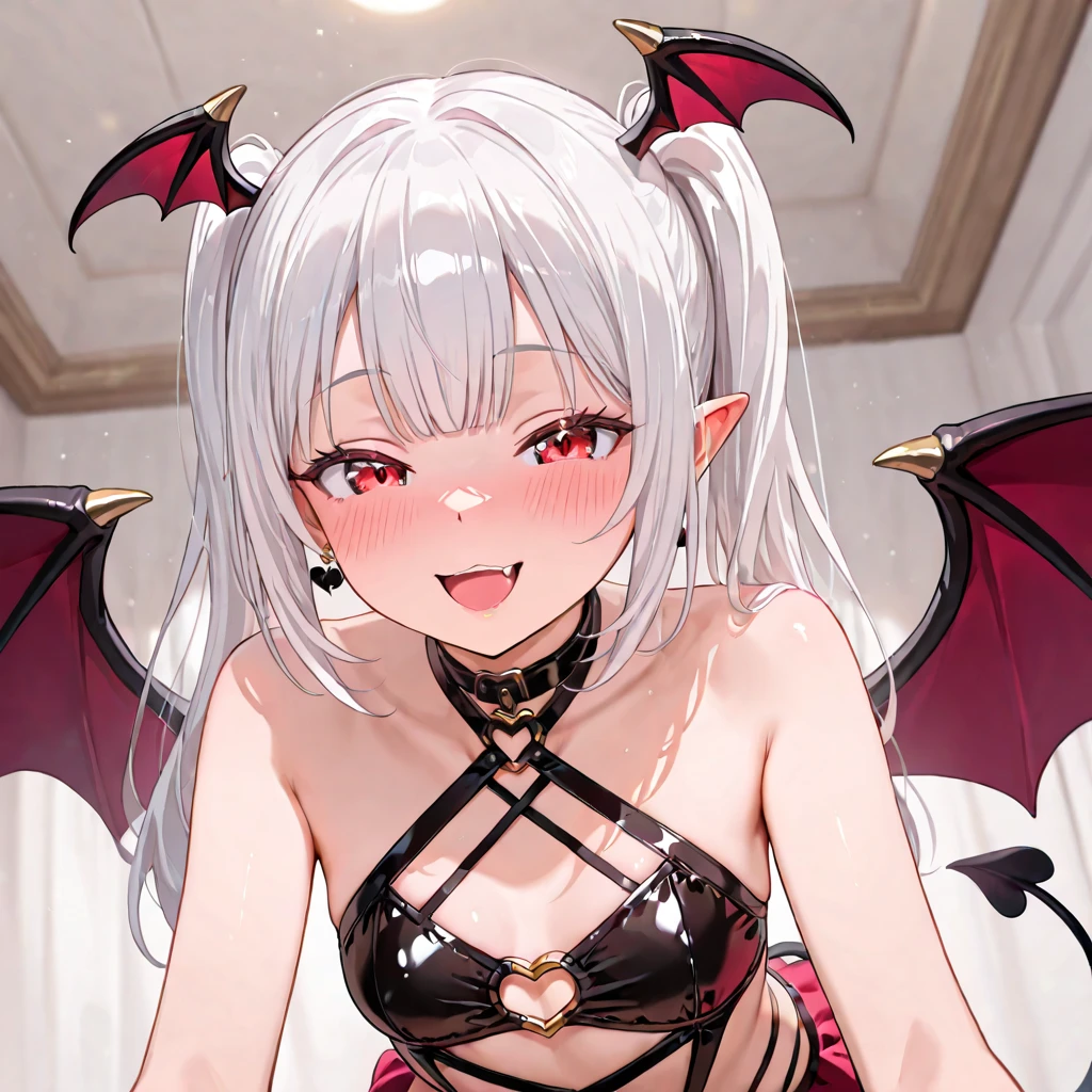 tachi-e, game cg, Highly detailed and realistic CG, Colorful, Masterpiece, Best Quality, jewel-like eyes, 1girl, solo, black hair, shiny hair, long straight hair, very long twintails, slender, skinny legs, succubus girl,succubus luxury dress, mini skirt, succubus boots, aqua blue eyes, flat chest, black elbow gloves, latex, smirk, smile, jitome, half-closed eyes, tsurime, simple background, from pov, best quality eyes, sharp teeth, tsundere, standing, contrapposto, hand on hip, (shiny skin:1.0), succubus wings, succubus tail, mesugaki, teasing, smug, cute girl, , open mouth, fangs, tongue out, pointy ears, pink heart tattoo, (Sharp Focus:1.2), Thin arms, Thin legs, outline, Evil Female Executive Succubus,