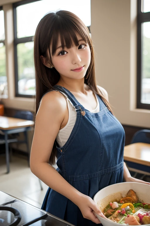 (Best-quality, Masterpiece, Ultra-High-Resolution, (Photorealistic:1.4), Raw Photo, depth of field, professional lighting, perfect anatomy, extremely details), 1girl, 15-years-old, the most famous Japanese idol, sitting on chair in kitchen, (wearing sleeveless casual-dress with cute-design), (looking at viewer), (innocent smile), (extremely cute face like the most popular Japanese idol, ((extremely cute and extremely big round-eyes)), extremely cute hair), ((((extremely beautiful and extremely realistic skins)))), extremely cute long-eyelashes, extremely cute lips, extremely childish body