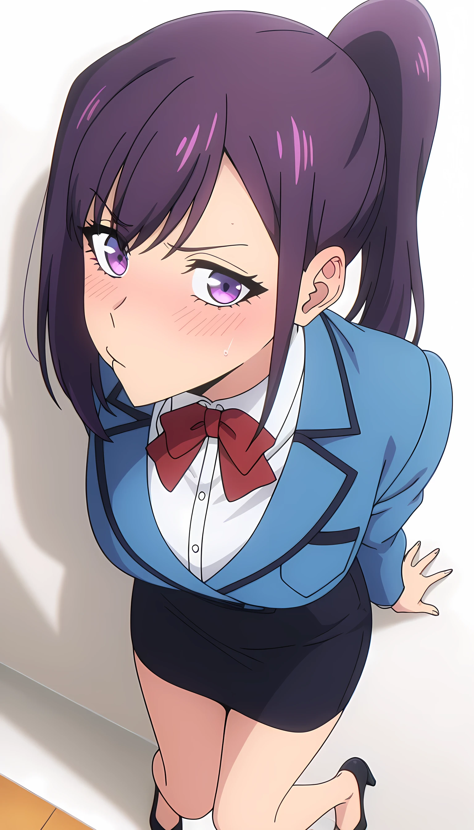 anime screencap, masterpiece, best quality,
1girl, solo, disgusted,
purple hair, purple eyes, high ponytail,
JinahSchool, blazer, blue jacket, buttons, red bowtie, collared shirt, white shirt, pencil skirt, black skirt, looking at the viewer, wide thighs, thin waist, knees together feet apart,
simple background, against the wall, (POV), white background, heels, high angle, close up, blush, kiss, pov kiss