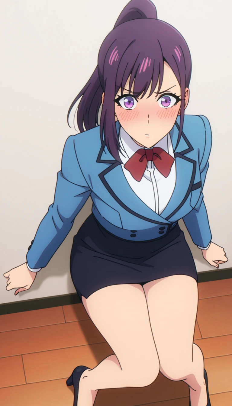 One Girl, Five Fingers, mini skirt, Looking down at the viewer,, Highest quality, Focus on the thighs, Dynamic pose, smile, blazer, blouse, Black Pantyhose, panties under pantyhose, Standing Split, Stylish pose,My thighs and groin are steamy 、Crowd