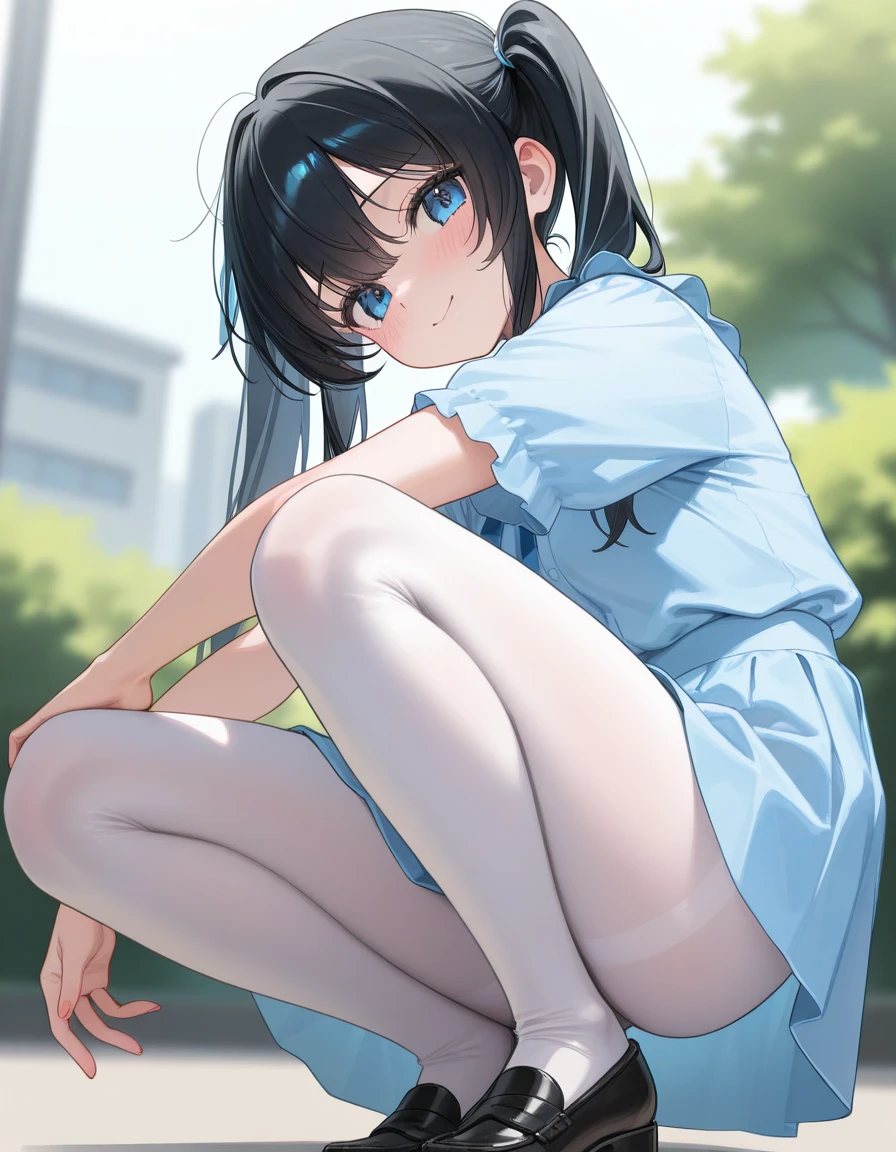 a matter of fact, daytime, sunlight, 1 girl, 8K resolution, blue hair, blue eyes, glowing eyes, white short skirt, Blush, tennis, sleeveless shirt, sunlight, Wet from the rain, seethrough, Sit with your knees raised., pussy, smile, the skirt is lifted up, highest quality, High resolution, highly detailed face, perfect lighting, Very detailed CG, (perfect hands, perfect anatomy), mini yaemori, perfect figure, in love expression, bottomless, armpit,
