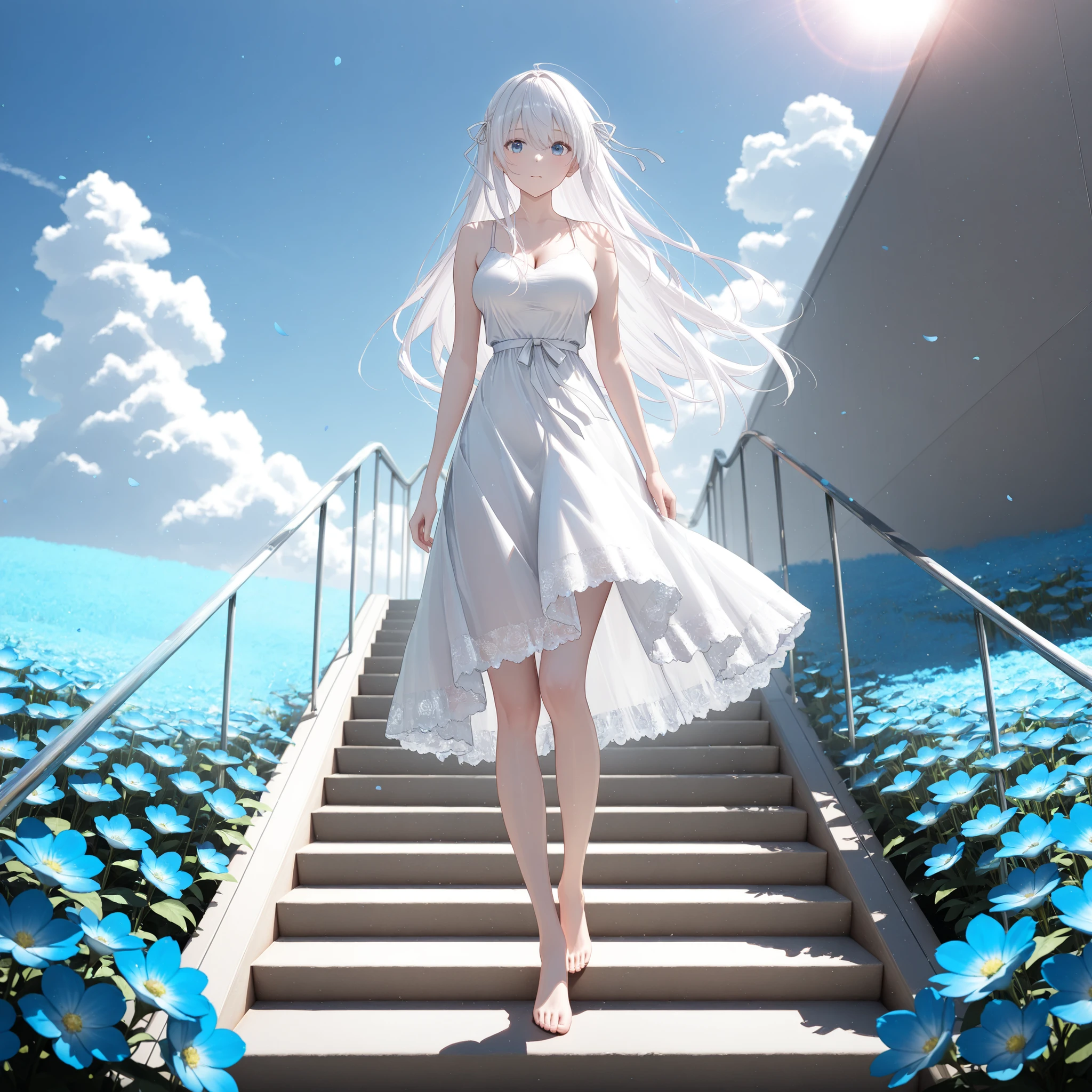 (High CT quality,4k,High resolution,mainpiece:1.1),Very detailed,Realistic:1.37,Best quality,masterpiece, high resolution,on_body, Tyndall effect,photorealistic, Edge lighting, Two-color lighting,(high definition skin:1.1), (8K UHD, DSLR quality, soft lighting, high quality, surround lighting, sincere, de 8K , 4K, 8K.) The albino girl: She has straight white hair without bangs. She has blue eyes. She is wearing a white lace summer dress with white ribbons at the waist. She walks barefoot On the background : a sunny day, blue sky with light rainbow clouds over an endless field of nemophiles, blue flowers. There is a transparent glass staircase leads to the sky standing in the middle of blooming field.