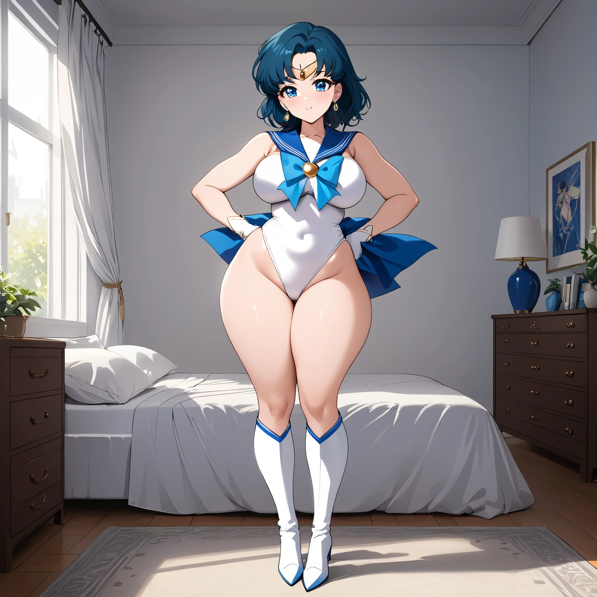 masterpiece, best quality, super detailed, full body, beauty, blue eyes, short blue hair, sailor senshi uniform, jewelry, leotard, gloves, standing, bed room. Focused on high-quality anime-style rendering, emphasizing a full-body character with detailed features, (masterpiece, best quality, super detailed), full body, from front,  1girl, beauty, blue eyes, medium eyes, solo, (curvy:1.3), large breasts, hort light blue hair, sailor senshi uniform, blue sailor collar, blue bow, white gloves, tiara, jewelry, earrings, white leotard, sleeveless, (white knee boots:1.3), standing, voluptous, thicc, erection, north_bulge, curved_bulge

