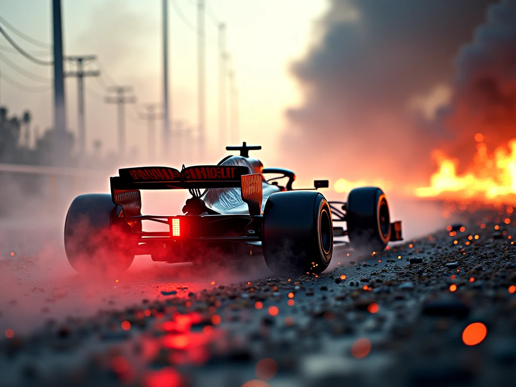 A futuristic F1 car speeds through a cloud of smoke and sparks, narrowly escaping a massive racing disaster. Its glowing red taillights cut through the shadows of scattered debris. In the distance, the wreckage still burns, but this car pushes forward, its body scarred yet unyielding—a symbol of resilience and speed. The scene is dramatic, with cinematic lighting that captures both the tension and triumph of surviving the chaos.