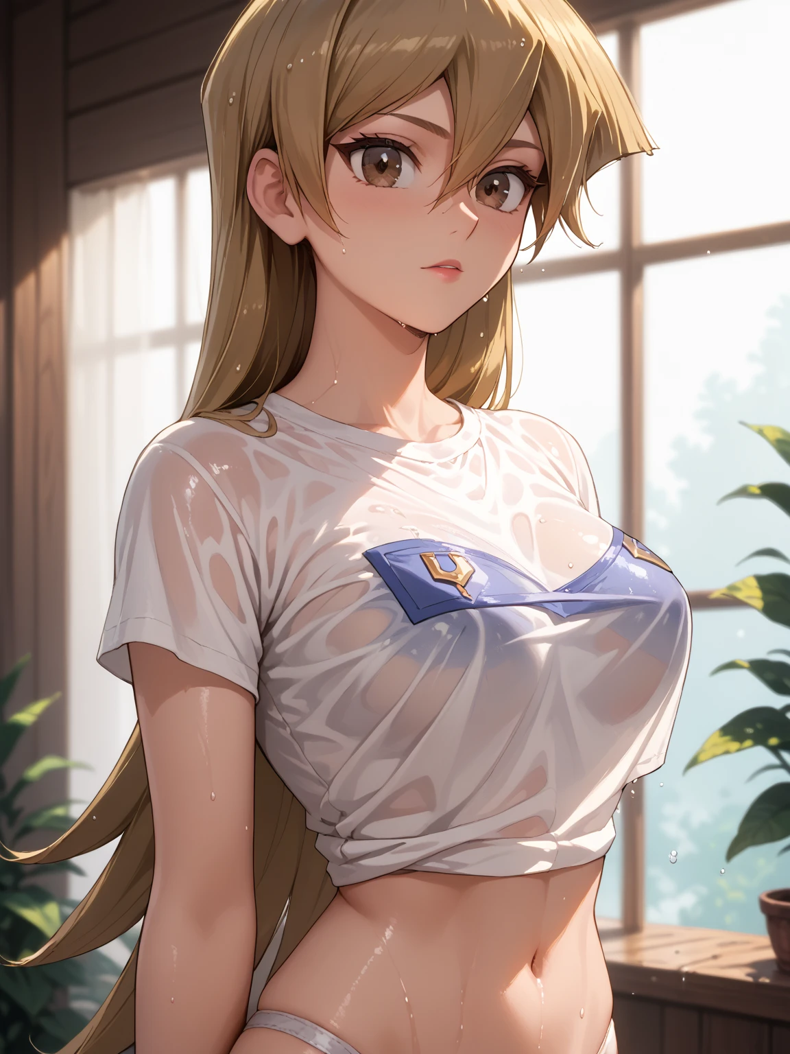 score_9, score_8_up, score_7_up, source_anime, asuka tenjouin, blonde hair, brown eyes, hair between eyes, long hair, straight hair, very long hair, perfect eyes, cinematic lighting, anatomically perfect, wet shirt, white thong
