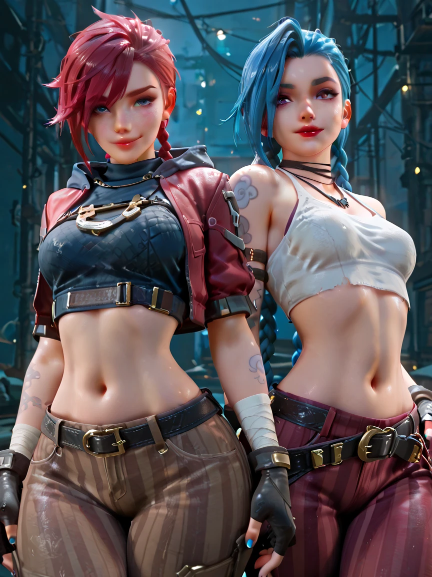 2 girls, Vi and jinx /(league of legends) ,smile, totally nude , huge breasts ,detailed face, detailed eyes ,arrow waist, erotic pose, curvy ,thicc ass, background city in the night, fullbody , so sweat, masterpiece, 8k , best quality,