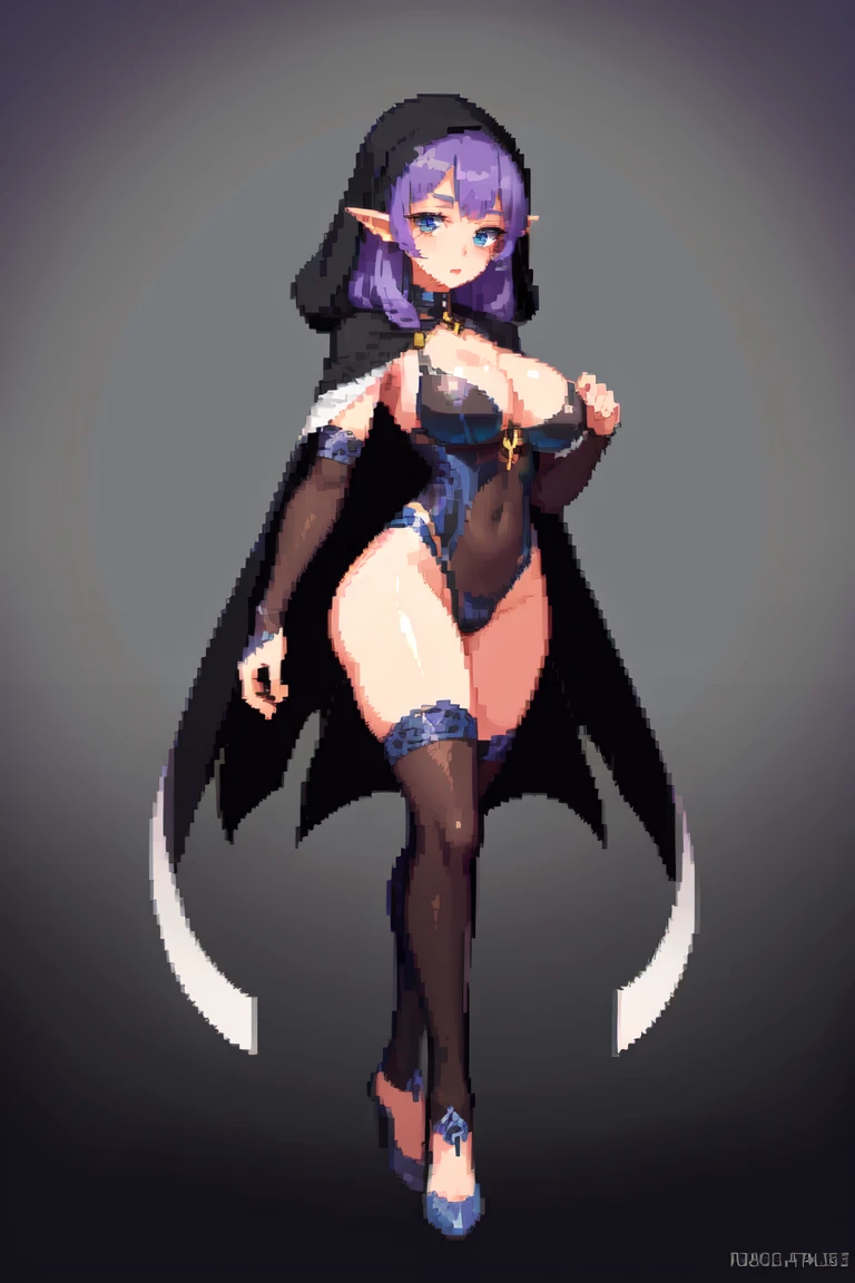 concept art, video game concept art, hentai game, anime, full body, best quality, masterpiece, maximum detail, high resolution, (((anime))), (((waifu))), (((hentai))), perfect anatomy, from the front, detailed background, High quality, incredible details, absurd res, full shot, ambient lighting, illuminated, female, (CharacterSheet:1), (multiple views, full body, upper body, reference sheet:1) Character with the following traits: Species(Succubus) Age(500 years) Gender(Female) Occupation(Succubus wizard) Height(190 cm tall) Hair(Bobcut, wavy, dark purple) Skin(Smooth, pale) Face(Big eyes, pink eyes, full lips, small nose) Physical features(Curvy, full thighs, huge tits, big ass, large purple demonic wings, extremely big purple demonic tail, silver horns) Outfit(Hooded dark blue cape, dark blue corset with silver outlines, dark blue boots, dark blue gloves) Personality(Sadistic, Intelligent, Perverted, Evil, Prideful)