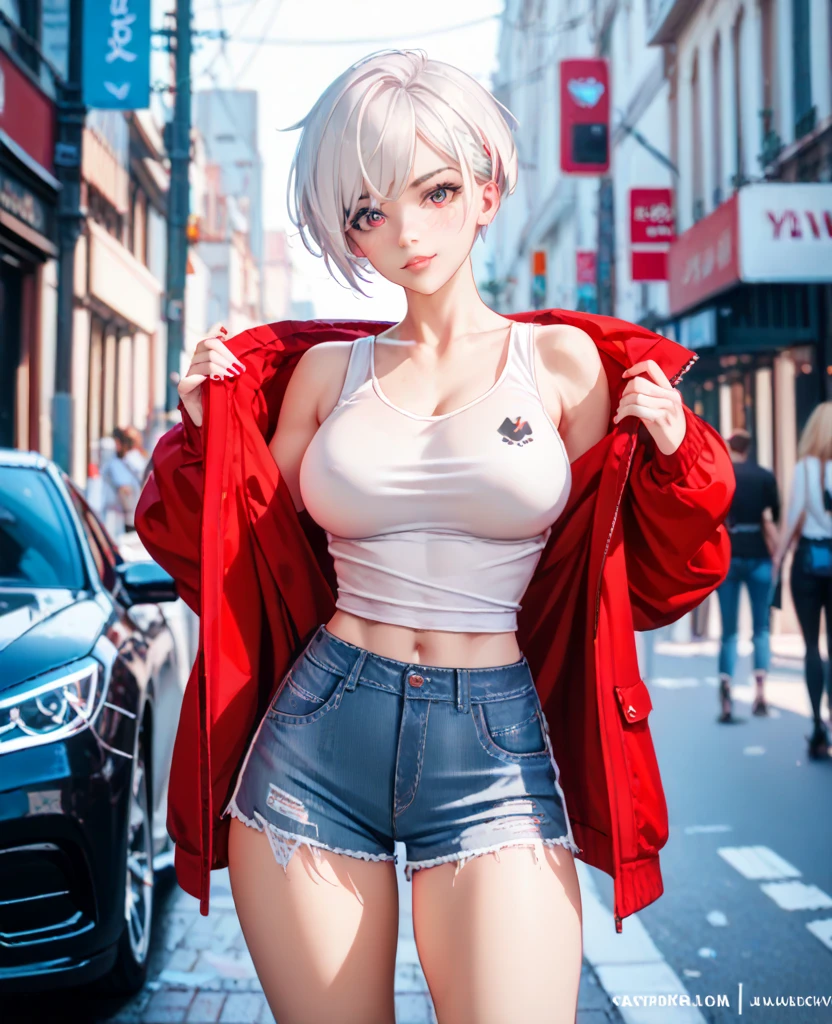 masterpiece, high quality, best quality, beautifull face, 1girl, wide shot, (Overhead view),dynamic angle, (photo realistic:1.5), (riding motorcycle:1.4), white crop top, leather short shorts, oversized leather jacket, bare shoulders, silver hair, small breasts, long hair, red color motorcycle, wide hips, leaning to the side, legs up,