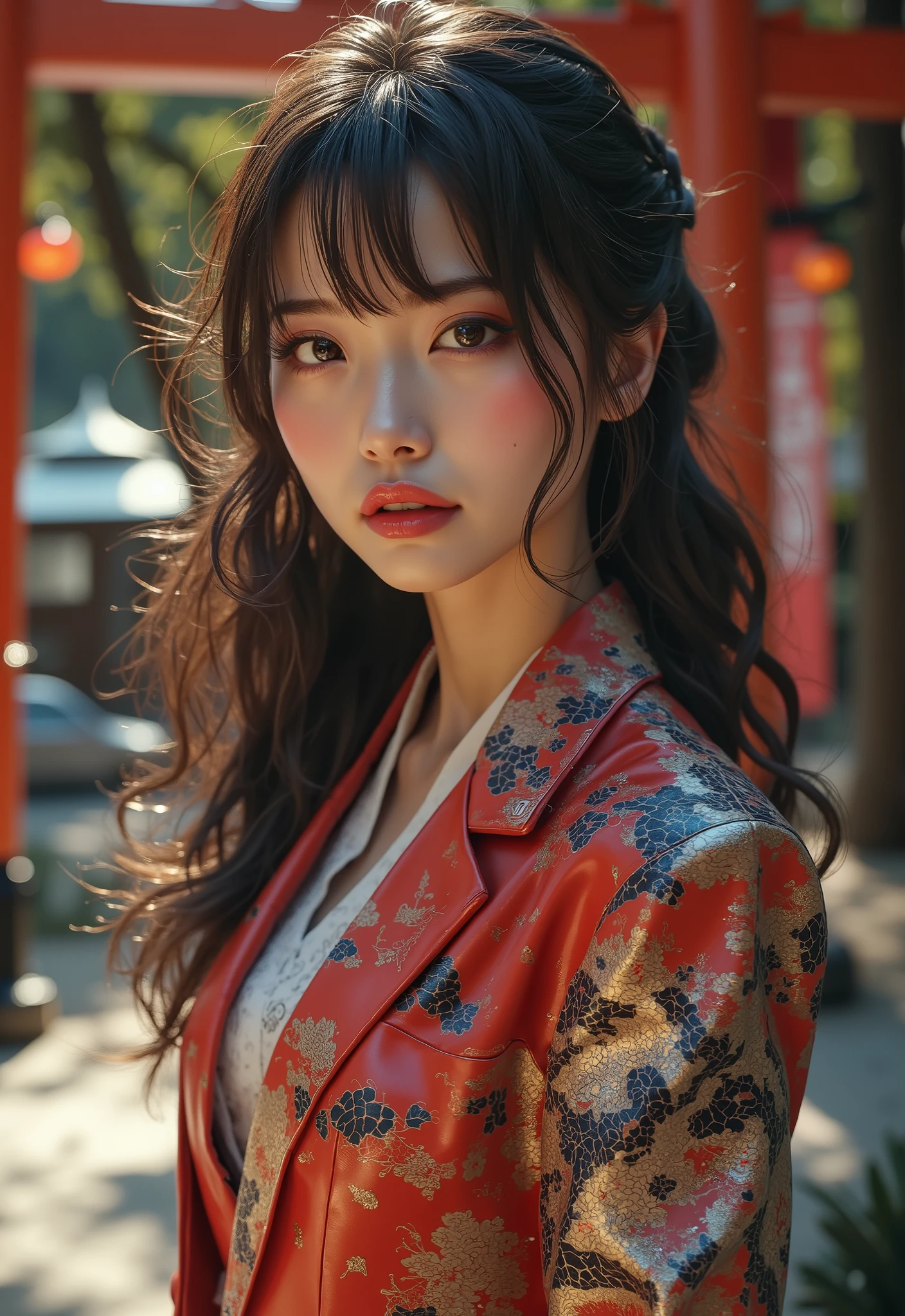  [Style: - "8k, masterpiece, realistic, Photorealistic realism, Hyper high resolution" - "highest quality, intricate ultra-detailed digital art"] (Key Directive: - "The priority is the anatomical accuracy and texture of the materials" - "Ultra-sharp human eyes with biological accuracy") {Character: "full-body shot, beautiful girl , ((Painted Japanese dragon))" | "(firm and full breasts:1.4)]" | Face: "full lips, red lipstick, intense gaze" | Eyes: - "((sharp focus, no blurry eyes, Hyper absurd quality, Hyper details, Hyper realistic black eyes))" - "((extra narrow eyebrows))" - "(Carefully draw Long blue_mascara:1.2)" - "(perfect round eyes)" | Hair: "long hair, dark hair, curls at the ends of the hair, hair above one eye(((long combed to the side)))" | Pose: "elegant pose" Outfit: [Top: "modest office suit (multicolored leather, ((shiny texture)))] [white lace undershirt:1.4"] Environment: "((Mt. Fuji tori))" Lighting: "studio lighting, monochromatic, striking contrast, dramatic shadows" (Rendering engine: "Unreal Engine 5 path tracing, 16K texture maps") | The ultra-Highres,Unreal 5,Subsurface scattering,PBR Texturing,Post-Processing,Anisotropic Filtering,depth of fields,Maximum Sharpness and Sharpness,multi-layered texture,Albedo and Specular maps,Surface Shading,Precise simulation of light-material interactions,perfectly proportions,Octane rendering