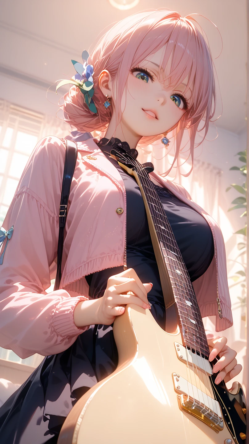 (Masterpiece, BestQuality:1.3), (ultra detailed:1.2), (hyperrealistic:1.3), (RAW photo:1.2), High detail RAW color photo, professional photograph, (Photorealistic:1.4), (realistic:1.4), (Pink Hair:1.5), professional lighting, perfect anatomy, (Big Breasts:1.2), (blush, detailed face), (A happy smile:1.7), Trending Hair&Trending Hairカラーをランダムに, earrings, necklace, bracelet, sexly, erotic sexly, Random sexy gravure poses, (A woman wearing a black tank top in a music studio、Holding a guitar and showing a serious expression。with long straight hair、Resting one foot on a stool。:1.3)