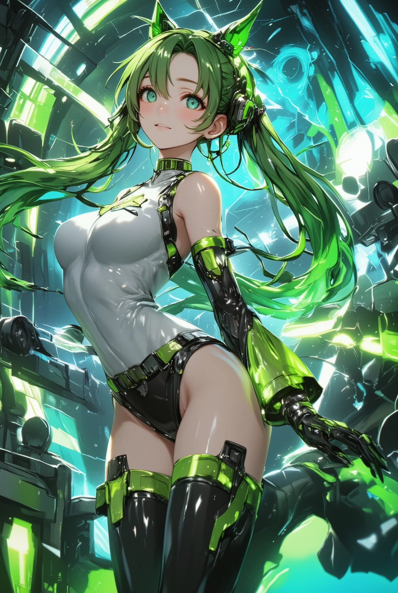 4k,hight resolution,One Woman,Yellow-green hair,Long ponytail,Yellow eyes,large full breasts,White Cyber Suit,knifes,On the roof of a building,dusk sky