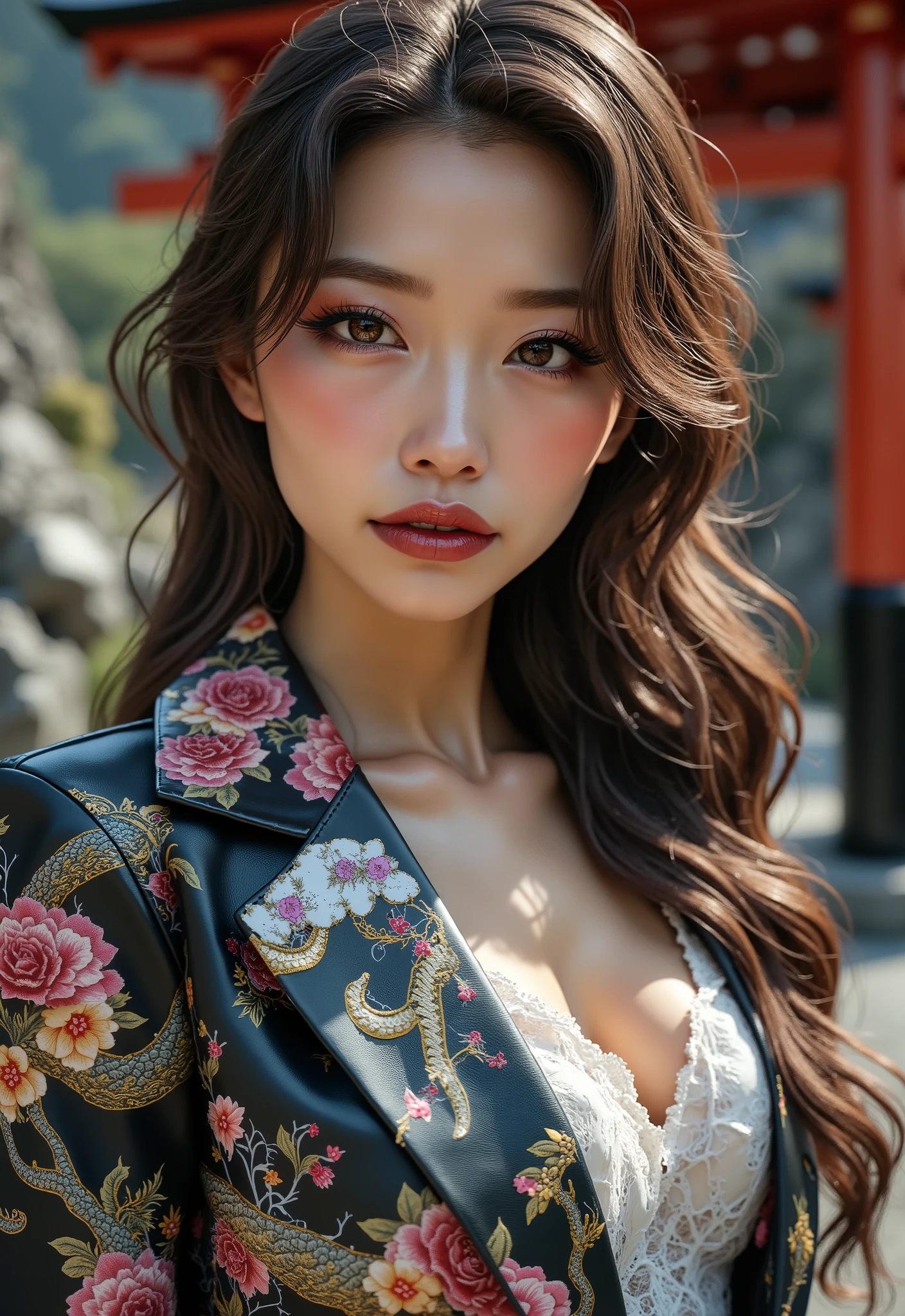  [Style: - "8k, masterpiece, realistic, Photorealistic realism, Hyper high resolution" - "highest quality, intricate ultra-detailed digital art"] (Key Directive: - "The priority is the anatomical accuracy and texture of the materials" - "Ultra-sharp human eyes with biological accuracy") {Character: "full-body shot, beautiful girl , ((Painted Japanese dragon))" | "(firm and full breasts:1.4)]" | Face: "full lips, red lipstick, intense gaze" | Eyes: - "((sharp focus, no blurry eyes, Hyper absurd quality, Hyper details, Hyper realistic black eyes))" - "((extra narrow eyebrows))" - "(Carefully draw Long blue_mascara:1.2)" - "(perfect round eyes)" | Hair: "long hair, dark hair, curls at the ends of the hair, hair above one eye(((long combed to the side)))" | Pose: "elegant pose" Outfit: [Top: "modest office suit (multicolored leather, ((shiny texture)))] [white lace undershirt:1.4"] Environment: "((Mt. Fuji tori))" Lighting: "studio lighting, monochromatic, striking contrast, dramatic shadows" (Rendering engine: "Unreal Engine 5 path tracing, 16K texture maps") | The ultra-Highres,Unreal 5,Subsurface scattering,PBR Texturing,Post-Processing,Anisotropic Filtering,depth of fields,Maximum Sharpness and Sharpness,multi-layered texture,Albedo and Specular maps,Surface Shading,Precise simulation of light-material interactions,perfectly proportions,Octane rendering