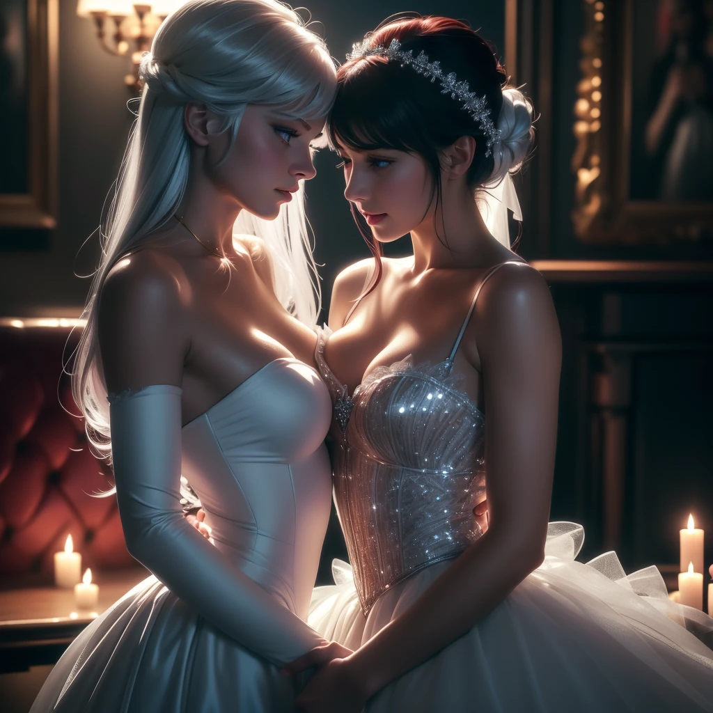 two girl in rope bondage,(bright lighting,romantic setting),dreamy background,bondage,dark hair, mesmerizing gaze, , soft skin, alluring beauty, artistic portrait, high-quality image, vibrant colors, in the bed, mosquito net, rope bondage, bridal dress