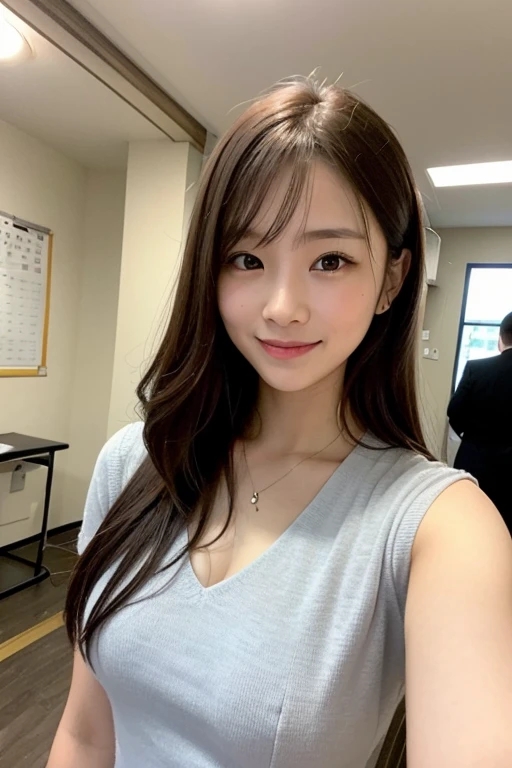masutepiece, Best Quality, Illustration, Ultra-detailed, finely detail, hight resolution, 8K Wallpaper, Perfect dynamic composition, Beautiful detailed eyes, nsfw, Full body, (light brown hair), Blunt Bangs, wavy hair, (((Absurdly Long Hair))), (((Beautiful Voluminous breasts))), (real looking skin), Natural Color Lip, (The best smile), 17 year old Beautiful girl with voluptuous body, (wearing a white t-shirt:1.5), (buruma:1.5) (classroom background:1.2)