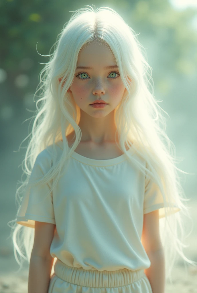 Boy long white hair, green eyes, high