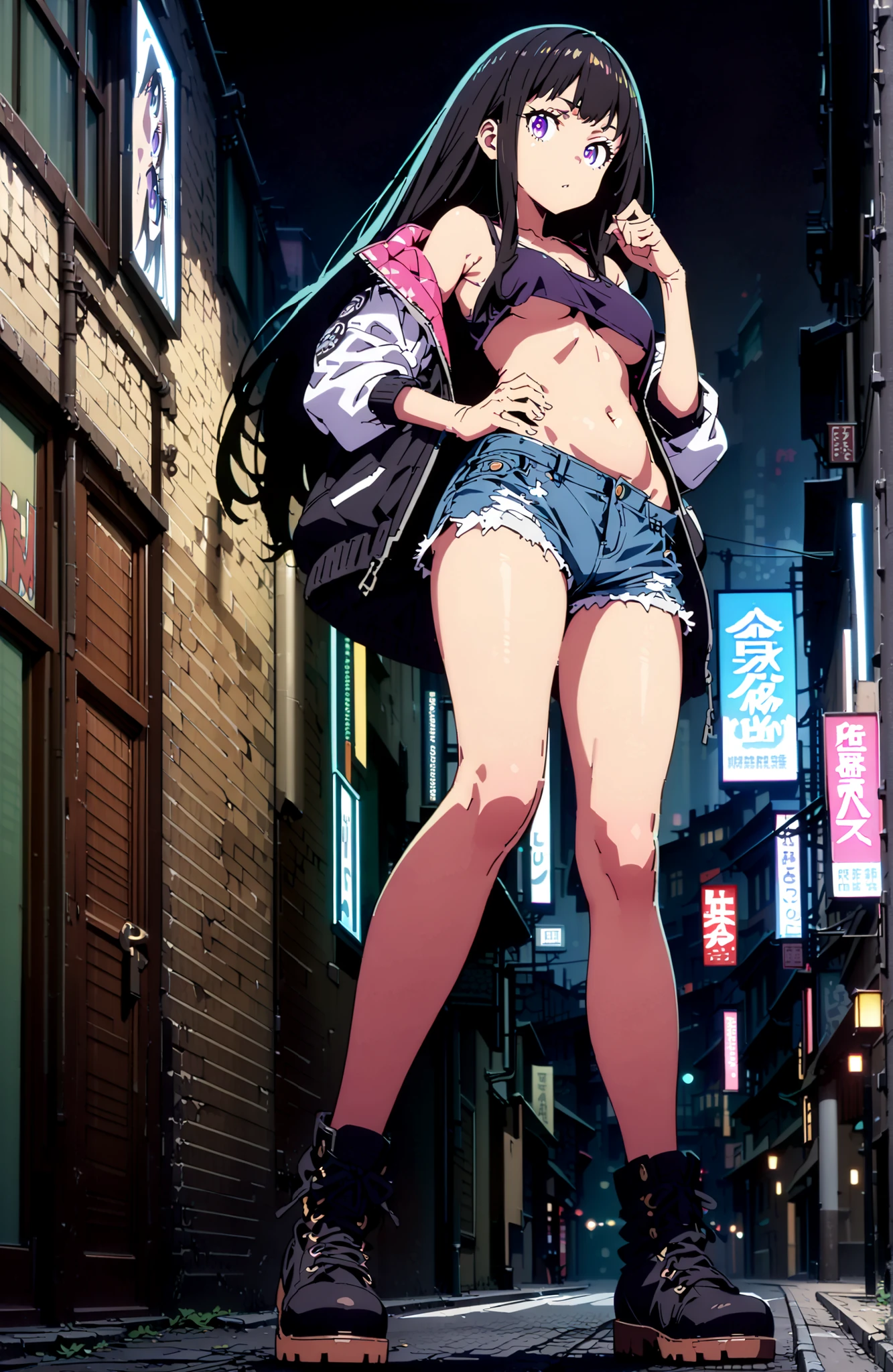 Takiuchikami, check it out, solo,long hair, bungs, black hair with a young pattern, purple eyes,Medium breast,close your mouth,riders jacket jacket,tank top for feet,Underboob,belly button stick,denim micro shorts,Bare legs,boots,I have my hands in my jacket pockets,Nōn,night,standing,angles from below,full bodyがillustrationsに入るように,break outdoors,City,
break looking at viewer,full body,
break (masterpiece:1.2), Best Quality, high resolution, Unity 8k 壁紙, (illustrations:0.8), (beautiful detailed eyes:1.6), very detailed face, so that it fits into the illustration, Extremely Detailed CG, (perfect hand, perfect anatomy),