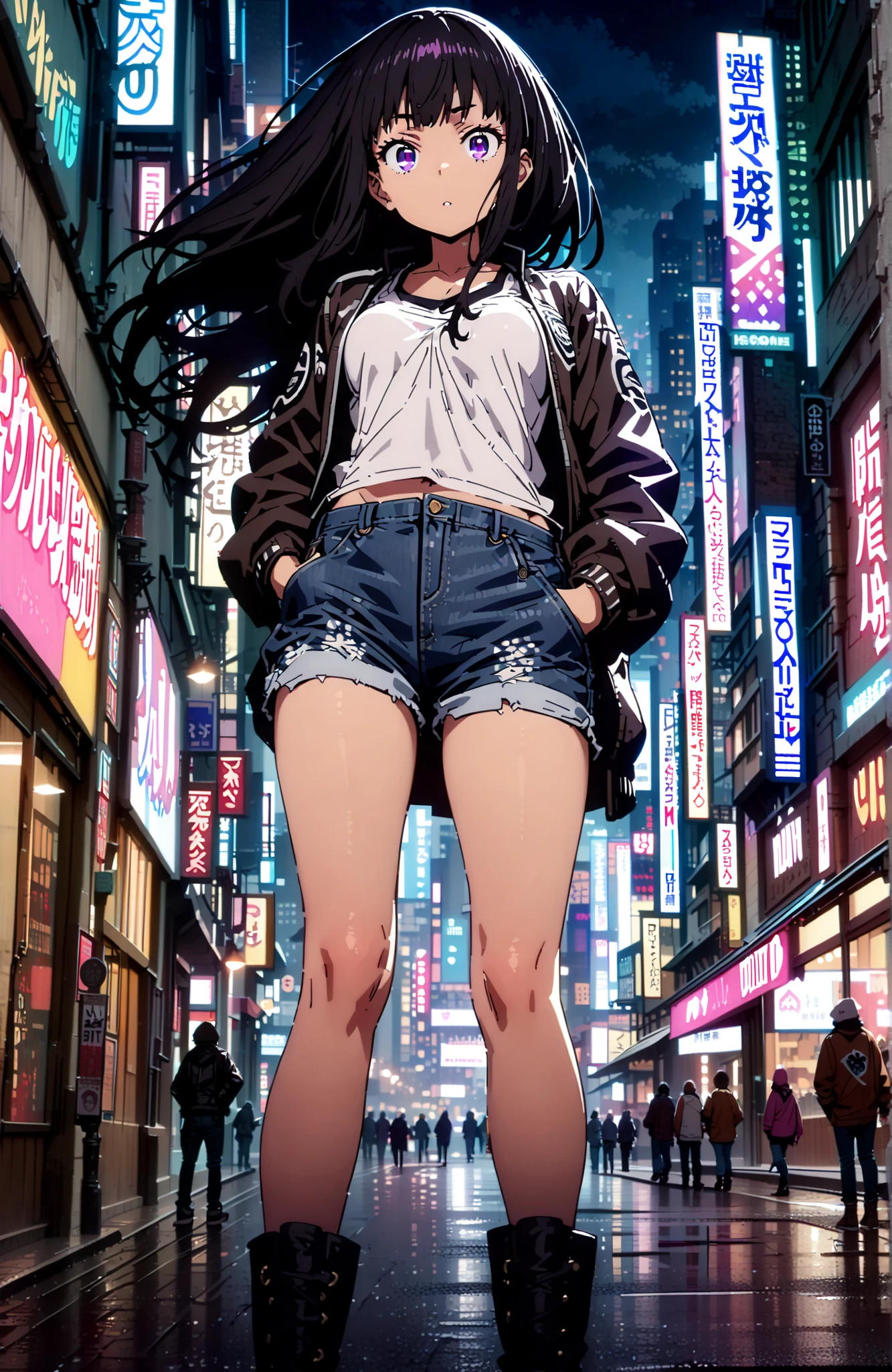 Takiuchikami, check it out, solo,long hair, bungs, black hair with a young pattern, purple eyes,Medium breast,close your mouth,riders jacket jacket,tank top for feet,Underboob,belly button stick,denim micro shorts,Bare legs,boots,I have my hands in my jacket pockets,Nōn,night,standing,angles from below,full bodyがillustrationsに入るように,break outdoors,City,
break looking at viewer,full body,
break (masterpiece:1.2), Best Quality, high resolution, Unity 8k 壁紙, (illustrations:0.8), (beautiful detailed eyes:1.6), very detailed face,  so that it fits into the illustration, Extremely Detailed CG, (perfect hand, perfect anatomy),