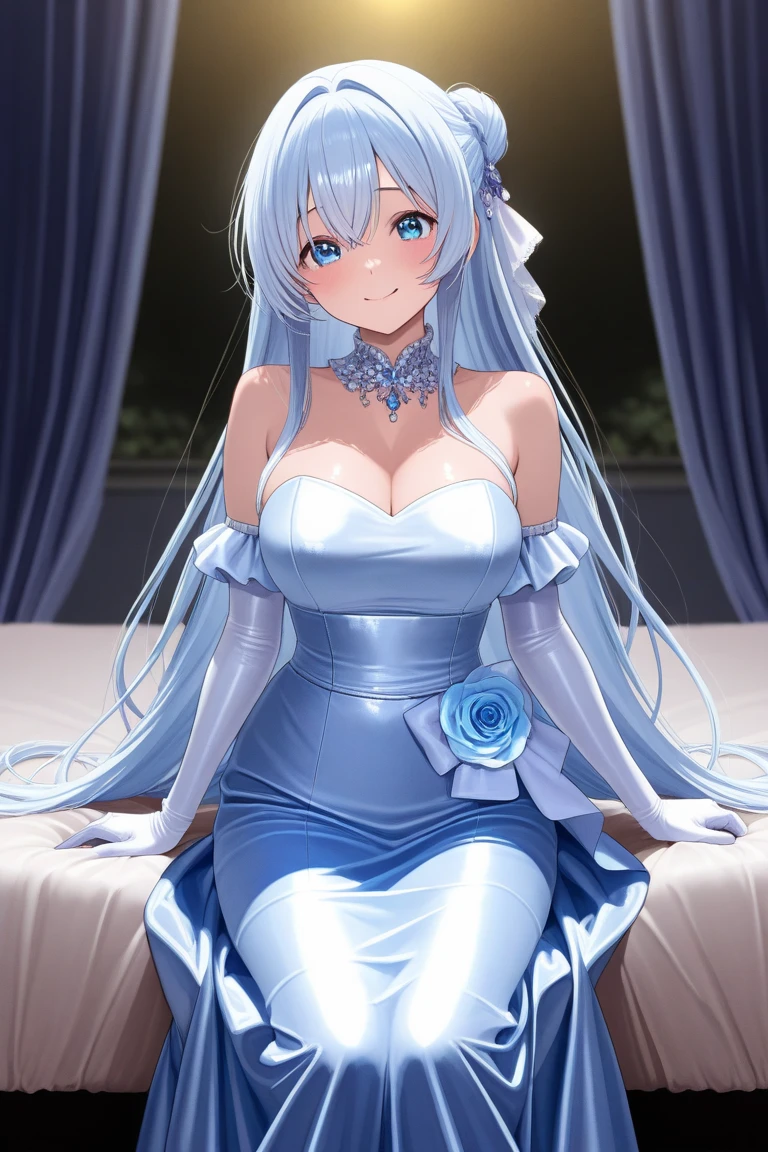 a women, blue hair, blue eyes, white dress