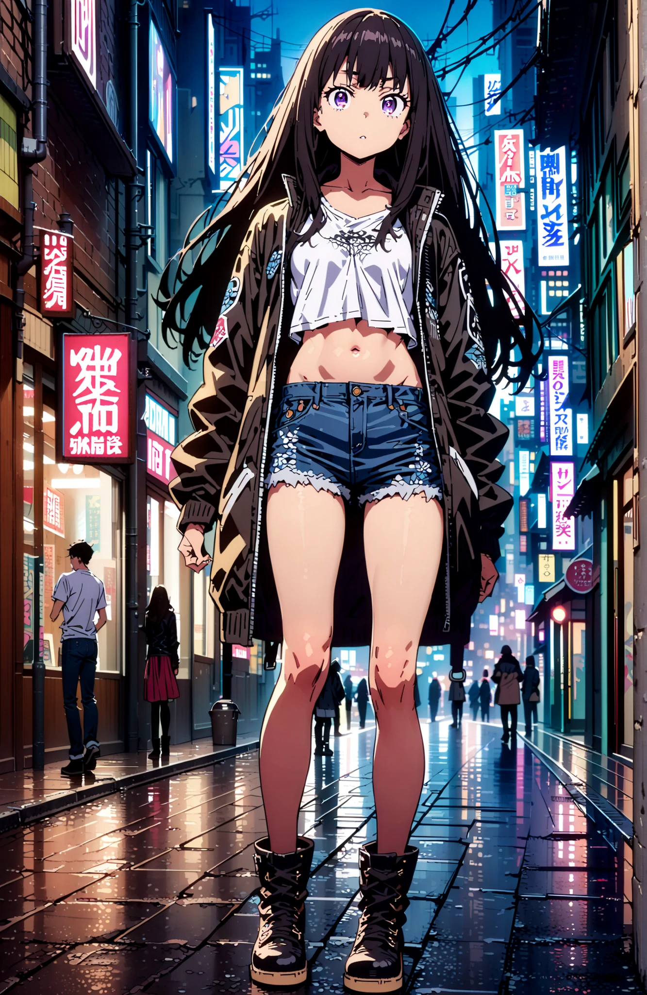 Takiuchikami, check it out, solo,long hair, bungs, black hair with a young pattern, purple eyes,Medium breast,close your mouth,riders jacket jacket,tank top for feet,Underboob,belly button stick,denim micro shorts,Bare legs,boots,I have my hands in my jacket pockets,Nōn,night,standing,angles from below,full bodyがillustrationsに入るように,break outdoors,City,
break looking at viewer,full body,
break (masterpiece:1.2), Best Quality, high resolution, Unity 8k 壁紙, (illustrations:0.8), (beautiful detailed eyes:1.6), very detailed face, so that it fits into the illustration, Extremely Detailed CG, (perfect hand, perfect anatomy),