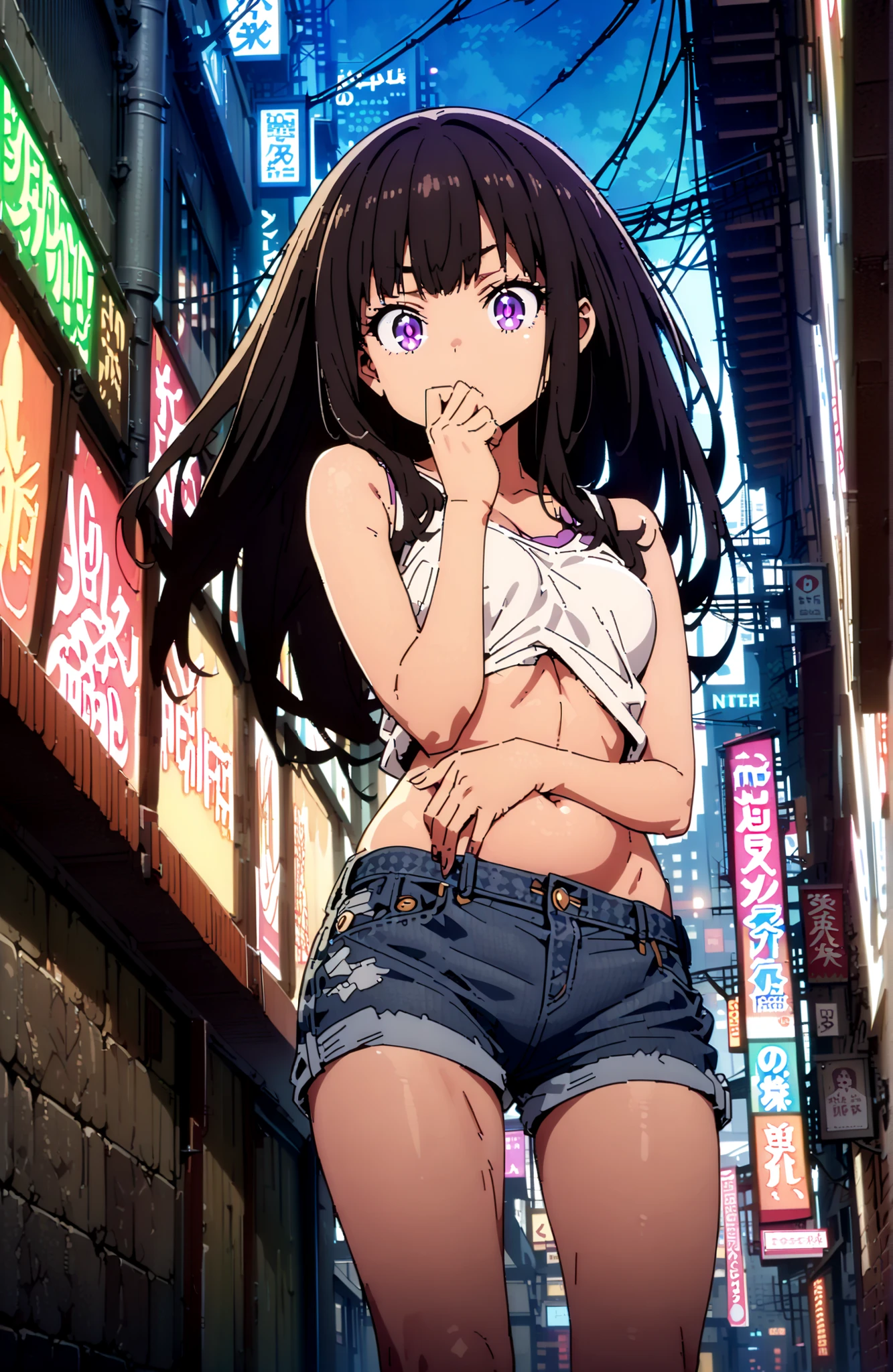 Takiuchikami, check it out, solo,long hair, bungs, black hair with a young pattern, purple eyes,Medium breast,close your mouth,riders jacket jacket,tank top for feet,Underboob,belly button stick,denim micro shorts,Bare legs,boots,I have my hands in my jacket pockets,Nōn,night,standing,angles from below,full bodyがillustrationsに入るように,break outdoors,City,
break looking at viewer,full body,
break (masterpiece:1.2), Best Quality, high resolution, Unity 8k 壁紙, (illustrations:0.8), (beautiful detailed eyes:1.6), very detailed face, so that it fits into the illustration, Extremely Detailed CG, (perfect hand, perfect anatomy),
