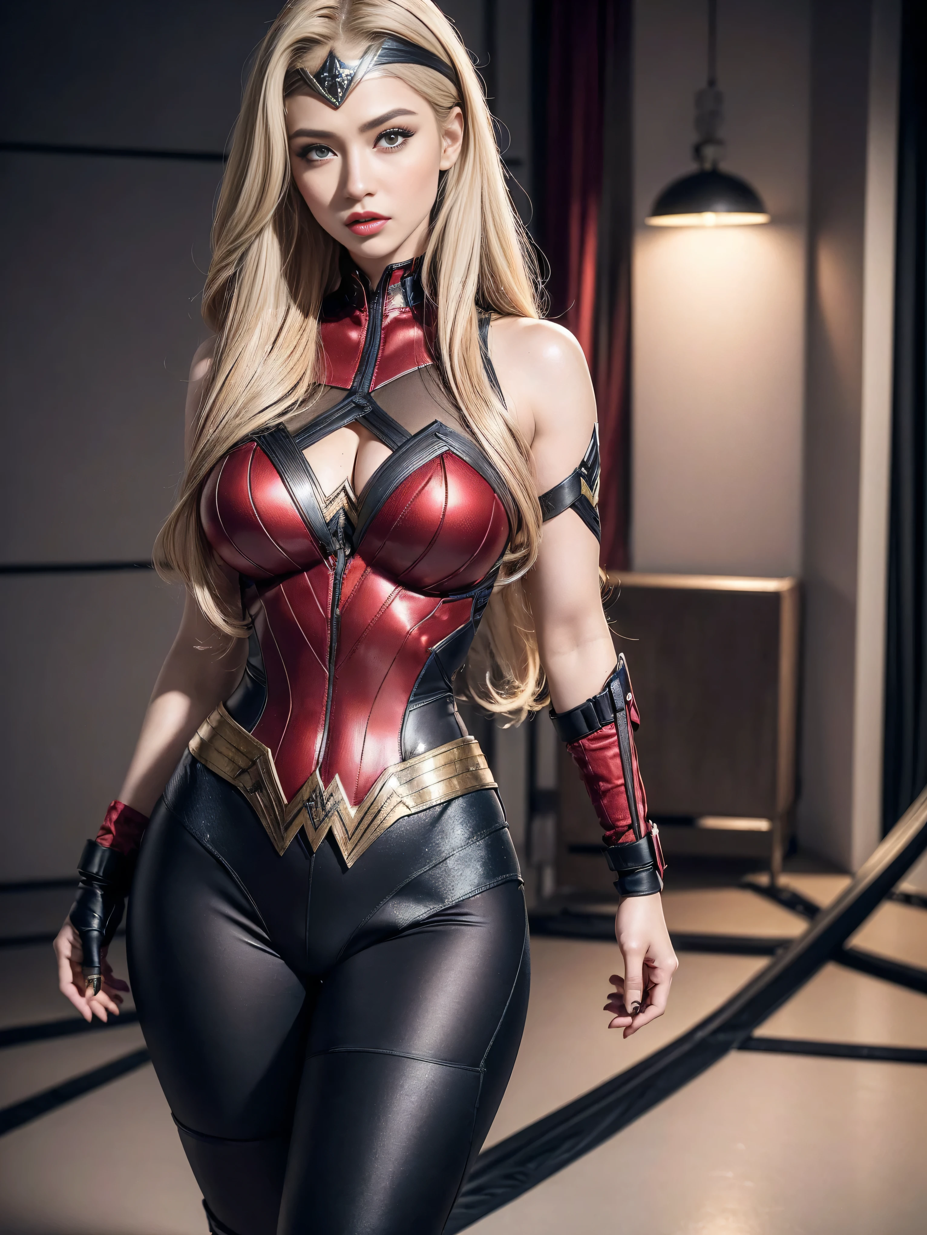 A beauty korean woman, blonde hair, long flowy hair style, long legs, braless, ultra colossal breasts, plump body, wearing wonder woman costume suit, partially nude, at the destroyed building landscape, smoke, fire, exploded, finely detailed beautiful eyes and detailed face, seductive, sexy, front view, open legs