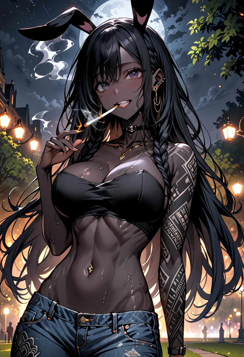 female, huge black rabbit ears, floppy black rabbit ears, dark skin, black hair, very long hair, braids, ((huge breasts)), tribal tattoos on hips, thick thighs:0.4, smile, black eyes, abs, cleavage, heaving breasts, close up, from the waist up, looking at viewer, looking up, black rabbit tail, sweat, solo, short shirt, worn jeans, cigarette in mouth, earring, choker, navel piercing, park, night