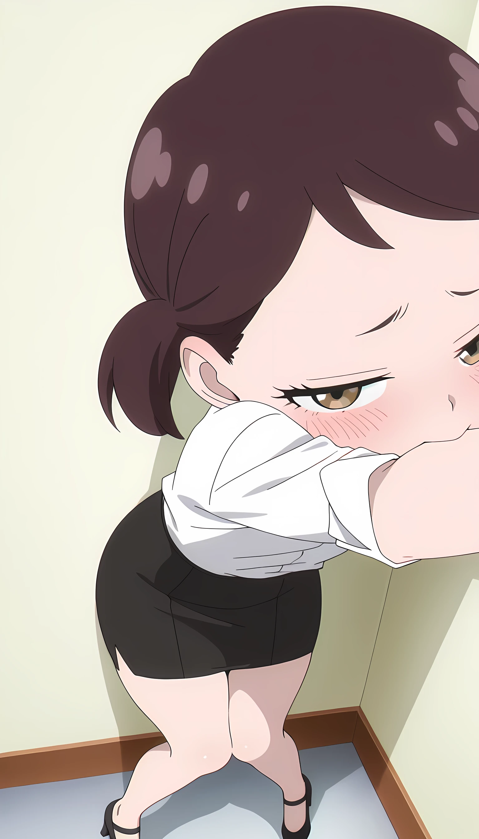 newest, anime coloring, anime screencap, Becky Blackbell, solo, disgusted, white shirt, pencil skirt, black skirt, looking at the viewer, wide thighs, thin waist, knees together feet apart,
simple background, against the wall, (POV), white background, heels, high angle, close up, blush, kiss, pov kiss