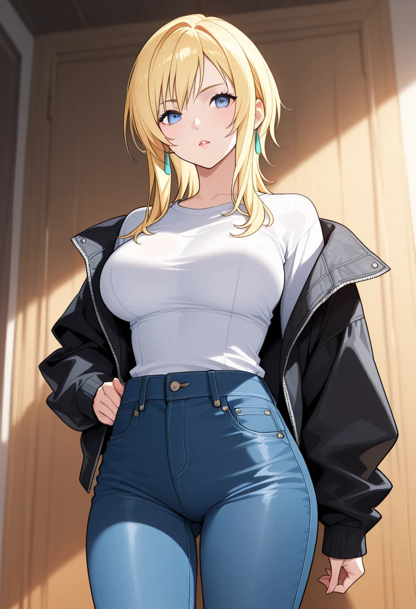 masterpiece,highest quality,(Super detailed),masterpiece,written boundary depth,perfect sentence, Detailed CG,Super detailed,(highly detailed eyes,very cute face,highly detailed face:1.3),beautiful anime girl,(solo girl:1.5),(super huge breasts:1.3),break,(smile full of joy),open your mouth,View viewer,break,ahoge, braid, hair ribbon, armored dress, ribbon, gauntlets,blonde,short hair,Ahoge, Braid, bun hair, hair ribbon,green eyes,(Black hooded hoodie,Open outerwear,casual shirt),long sleeve,denim shorts,