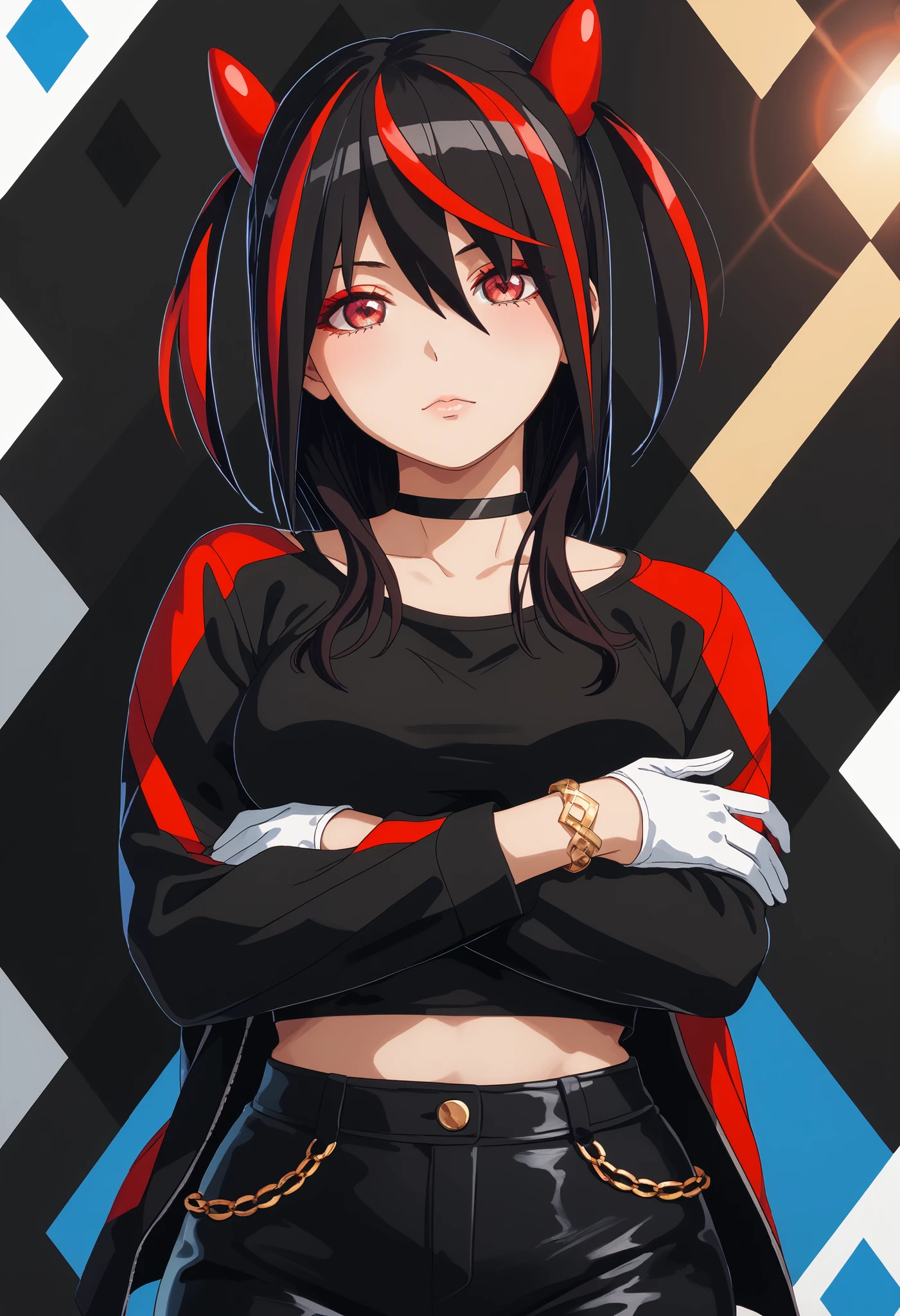 Score_9, Score_8_up, Score_7_up, bright skin: 0.1, anime_source, deep skin, high_quality, high_res, (curvy), ((wide hips)), medium_breasts, cute, sexy, 1 girl, BREAK HaneruEmi, HaneruEmi, long hair, black hair, red highlights, red eyeshadow, red eyes, spiky hair, hair between eyes, side bangs, black crop top, open jacket, black leather jacket, horns, choker, wrists and ankles each wear a single gold ring, gold bracelet, black leather pants, white gloves, white shoes, two black-toned sneakers, black stockings, midriff, looking at viewer, sunlight, abstract background, argyle background, rainbow, heart, torso, close-up, portrait, expressionless, large breasts, skin tags, mature woman, arms crossed, (Beautiful, breasts medium: 1.2), mature woman,