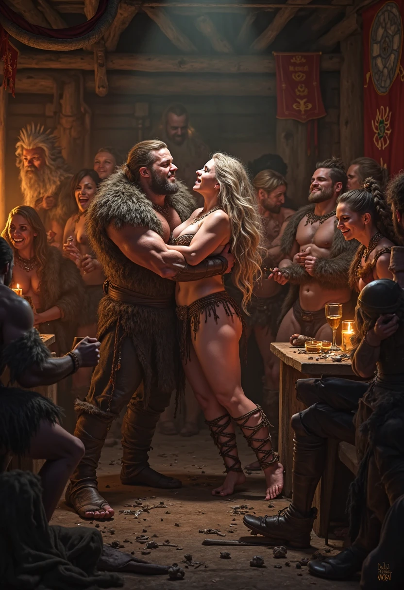 Alyssa Sutherland as Aslaug and Queen Lagertha, redhair long, wide open eyes, viking Queen, threesome sex ,anal fucking with an orc, squirting hard, orgasm face, in a cabin with a fireplace, 8 k sensual