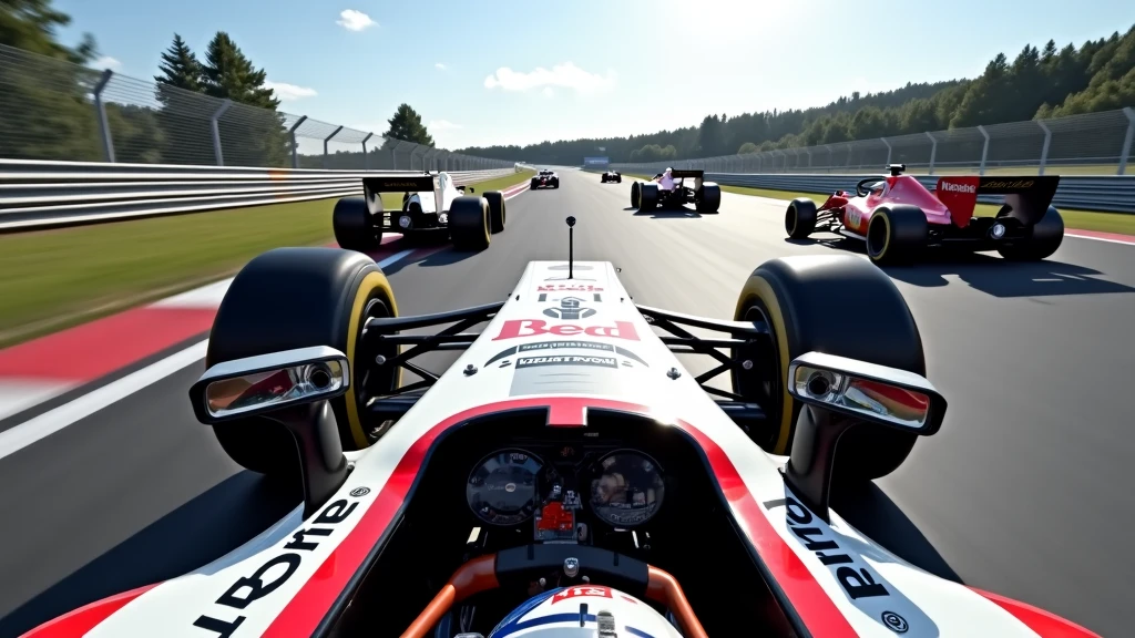 A photorealistic on-board view image of a formula one car racing around a circuit.  Other cars from other teams ar visible ahead on the track.  Each car has a number and lots of sponsors' stickers on it.
