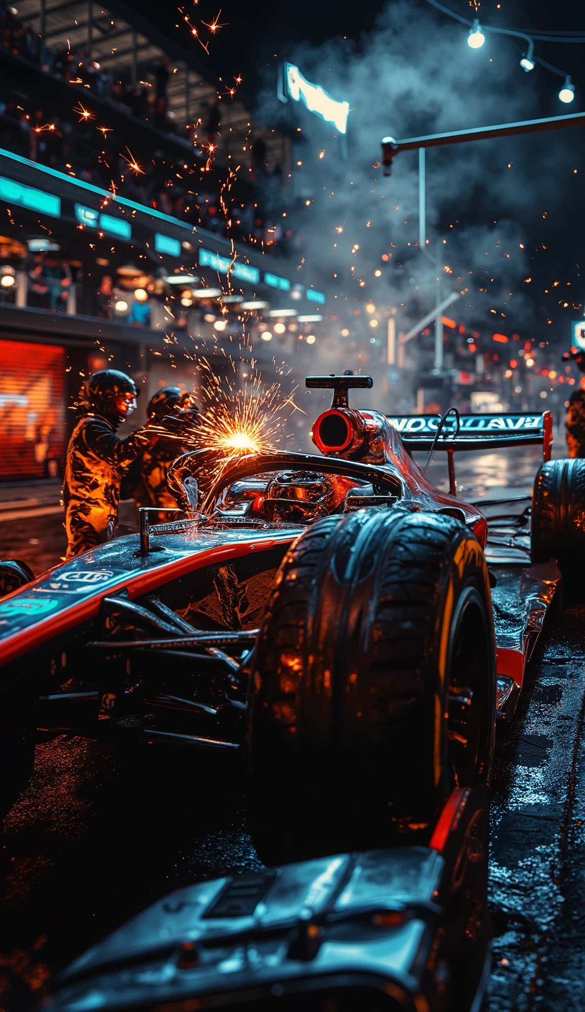 Close-up of a McLaren pit crew in synchronized motion during a night race. Sparks fly from the wheel gun, LED lights glare on their visors, and tire smoke mixes with steam from the car’s exhaust. Freeze-frame action with sharp details on sweat, carbon fiber, and glowing brake rotors. Style: High-contrast photojournalism, gritty textures, and dramatic spotlighting.