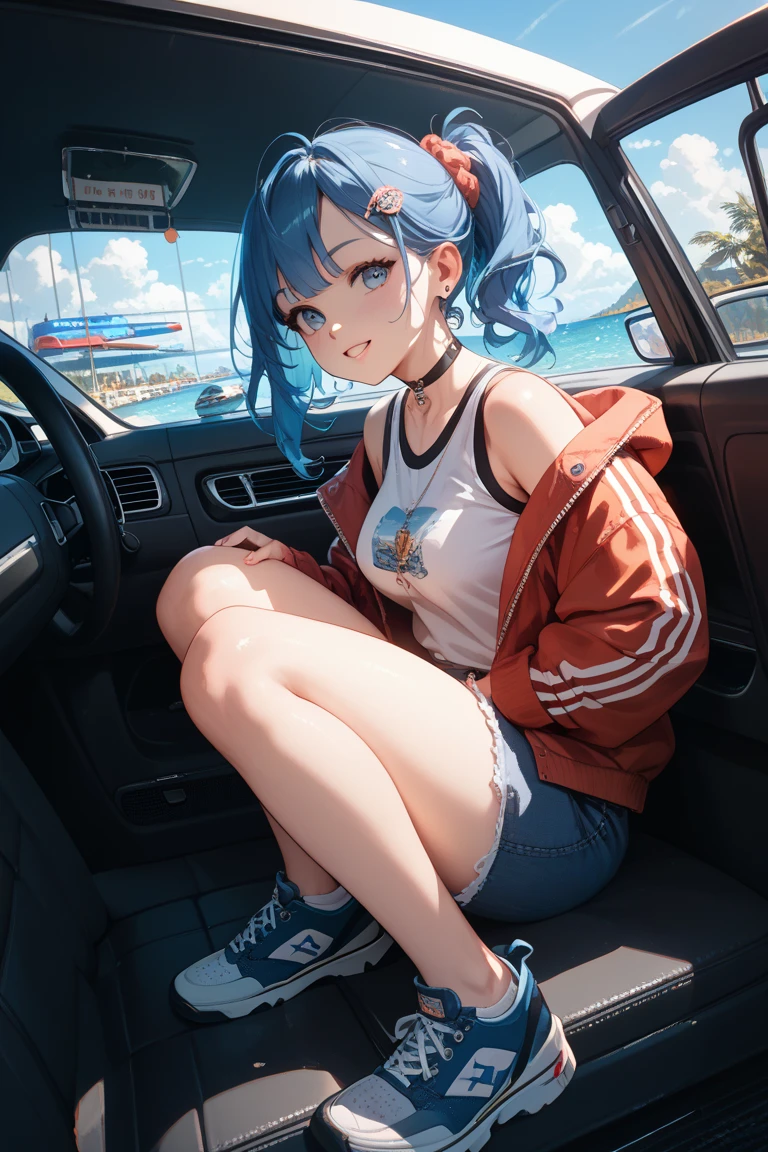 ((Highest quality)), ((masterpiece)), ((detailed)), (4K),a girl sitting on the floor in front of car in mechanic outfit, 1girl, cigarette, 独奏, holding 1cigarette, mechanic track suit, darkblue hair, smoke, smoking, sitting, underwear, Virtual Youtuber, short hair