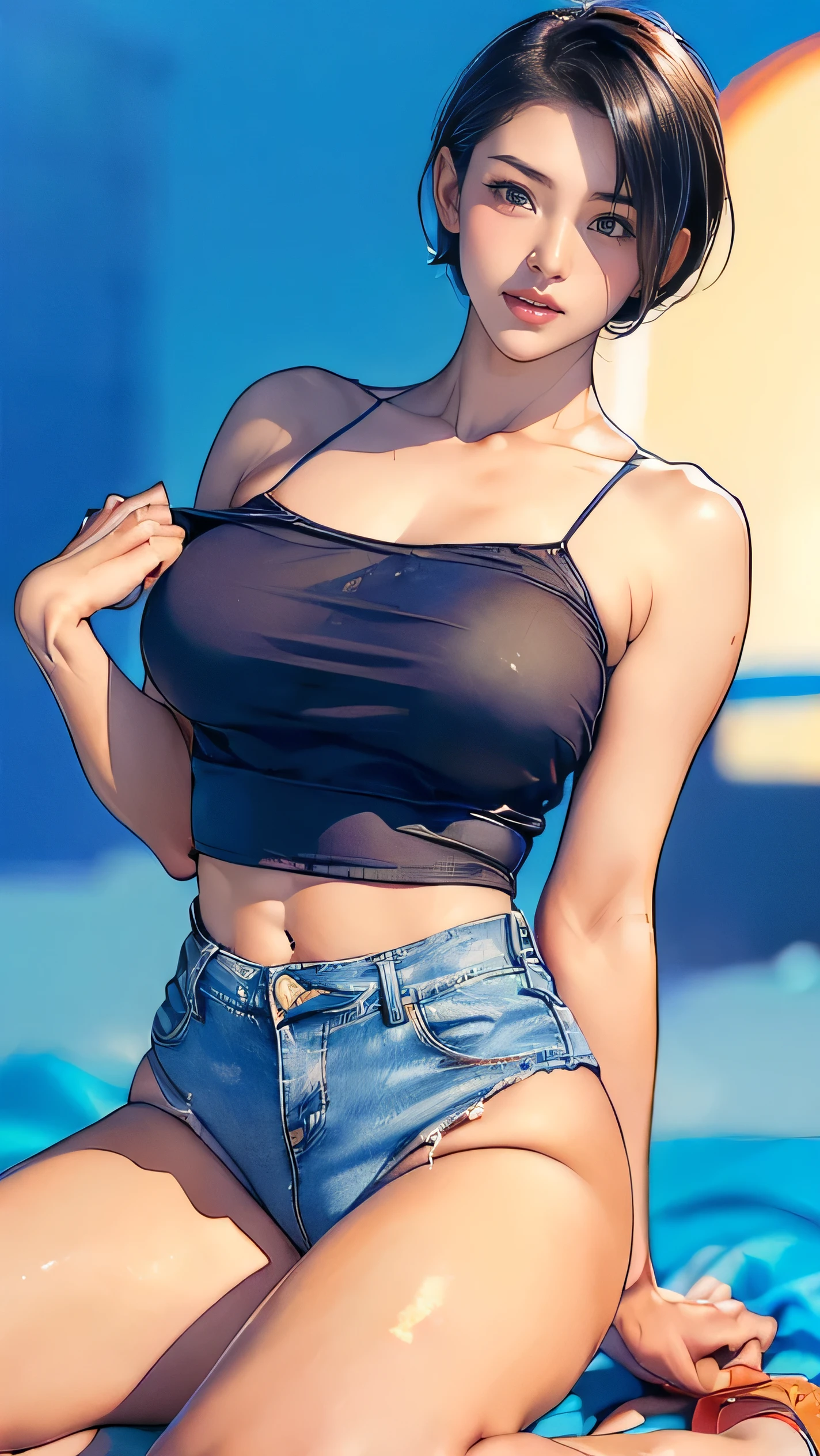 masterpiece, best quality, ultra-detailed, Potrait of beautiful , (chubby) (muscular), (plump), (sexly), (cleavage), ((tomboy)), (アニメ), (Breasts), (Plump), ((very short hair)), ((Uzaki Hana)), (overweight), (Gray Hair) (Wearing white clothes), (nipples), ((Saggy breasts)), (blue eyes), (Short Hair), (blue eyes), ((thick)), (sleeves are blue), (Short sleeve)