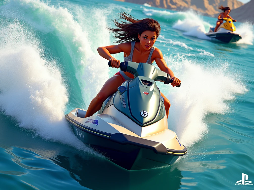 beautiful, plump, mexican woman, detailed eyes, beautiful detailed lips, extremely detailed eyes and face, longeyelashes, full body, 1woman, professional, neat long hair, tight ponytail, wearing colorful summer clothes, adventurous, riding a jet ski, (best quality,4k,8k,highres,masterpiece:1.2),ultra-detailed,(realistic,photorealistic,photo-realistic:1.37),studio lighting,vivid colors,sharp focus,physically-based rendering,extreme detail description