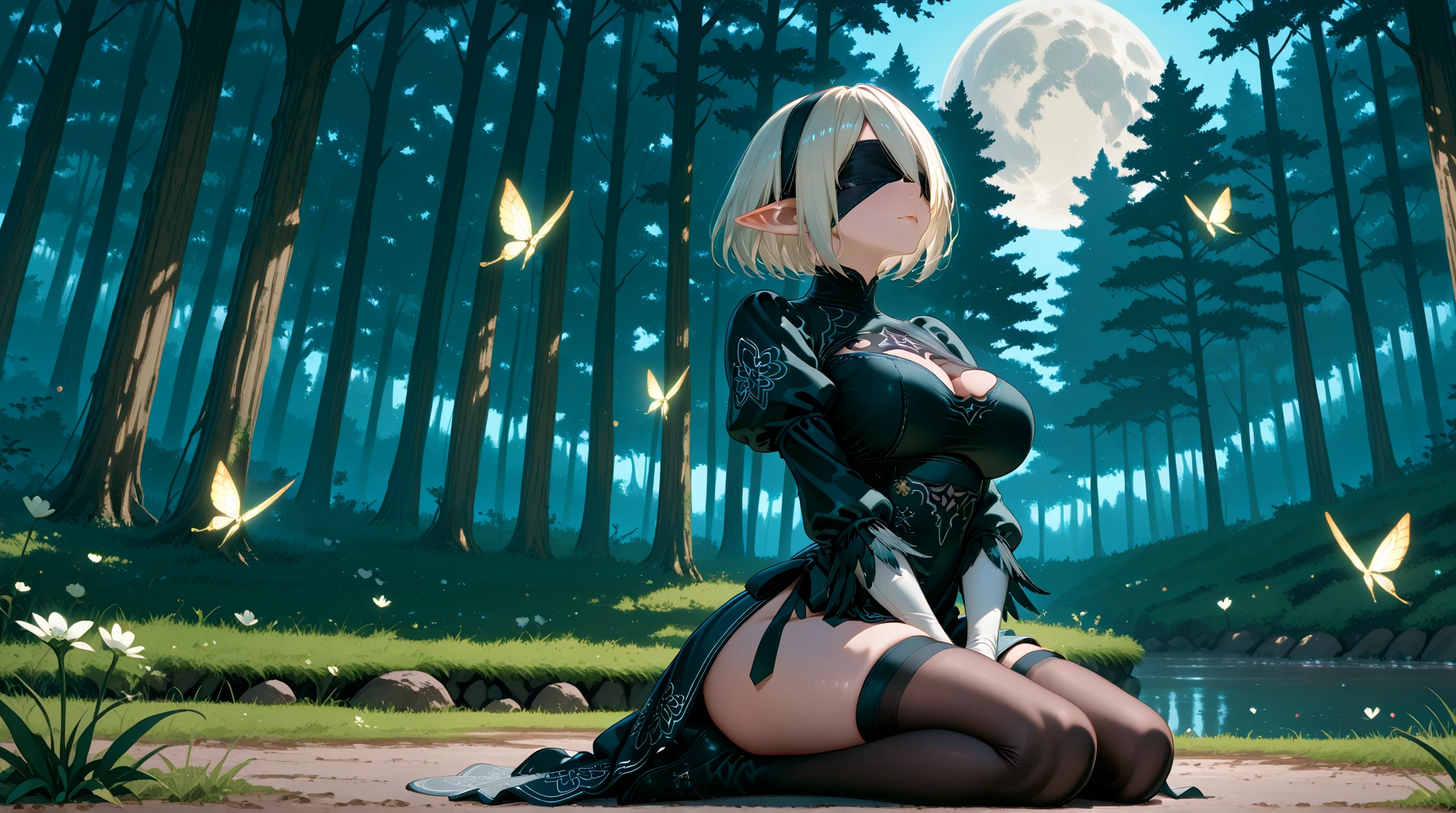 2b,Yoruhano. 2 Type B,Nier Automata,Perfect Face,One girl,Game Characters,((Blindfold:1.4)),(黒のBlindfold布_eyes covered),
((Highest quality)), ((masterpiece)),(detailed),High resolution,Sharp focus,(非常にdetailed CG unity 8k wallpaper),(((Vibrant colors))),{best illustration},
(Realistic eyes, Natural skin texture, Realistic facial details),(complete anatomy),Perfect Fingers,
High resolution,Two-dimensional beautiful girl,Super Beauty,gleaming skin,Shiny silver hair, (Huge hips:1.1),(Huge breasts, Glamour:1.2),
Short Bob Hair,Big Breasts,glamorous_expensive_Tight waist_Long legs,curve, hair band,mole under lips,
erotic,Bold,露出度のexpensive服装,show 肌,Camel Toe,(erection of nipple),
Juliet Sleeve,Puffy sleeves,Feather ornament,
Knee socks,Thigh-high boots,Patent leather shiny black dress,
smile, Lie on side, Open legs wide, spread legs,
Silent Water Surface,Plants are overgrown,reflection,Dazzling Light, Ancient ruins buried in the forest,weed,
dutch angle,